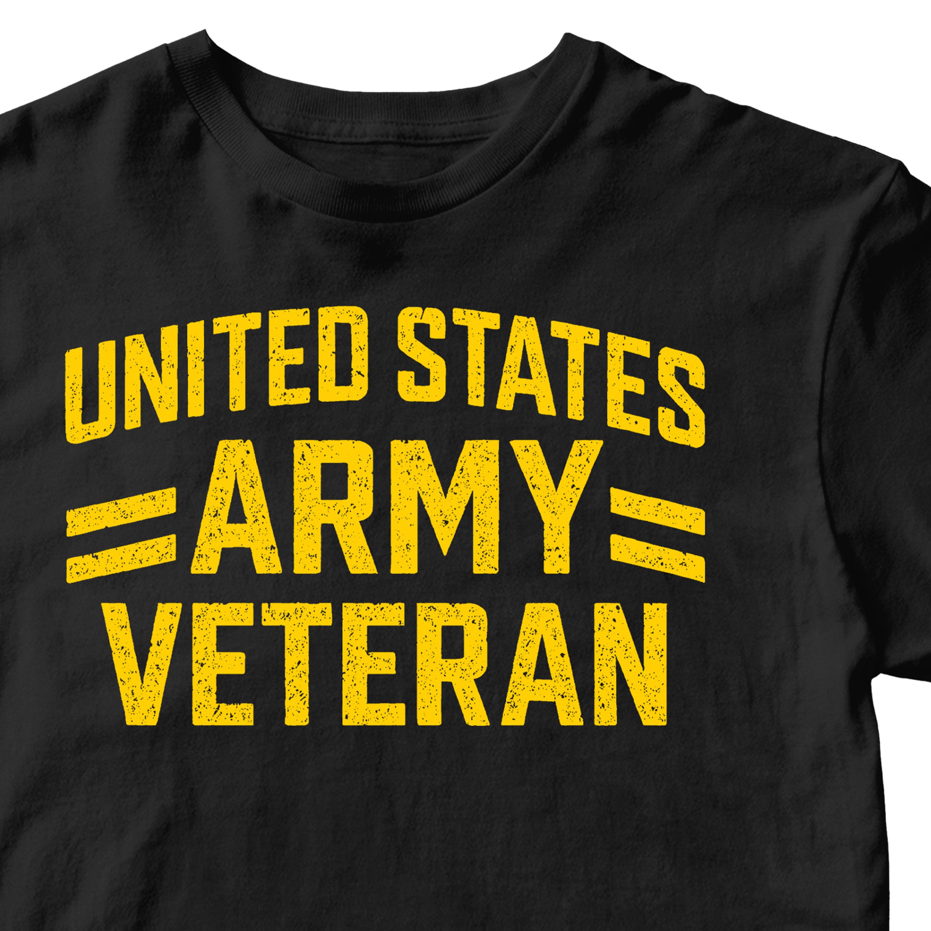 Black ARMY t-shirt with distressed yellow 'UNITED STATES ARMY VETERAN' text