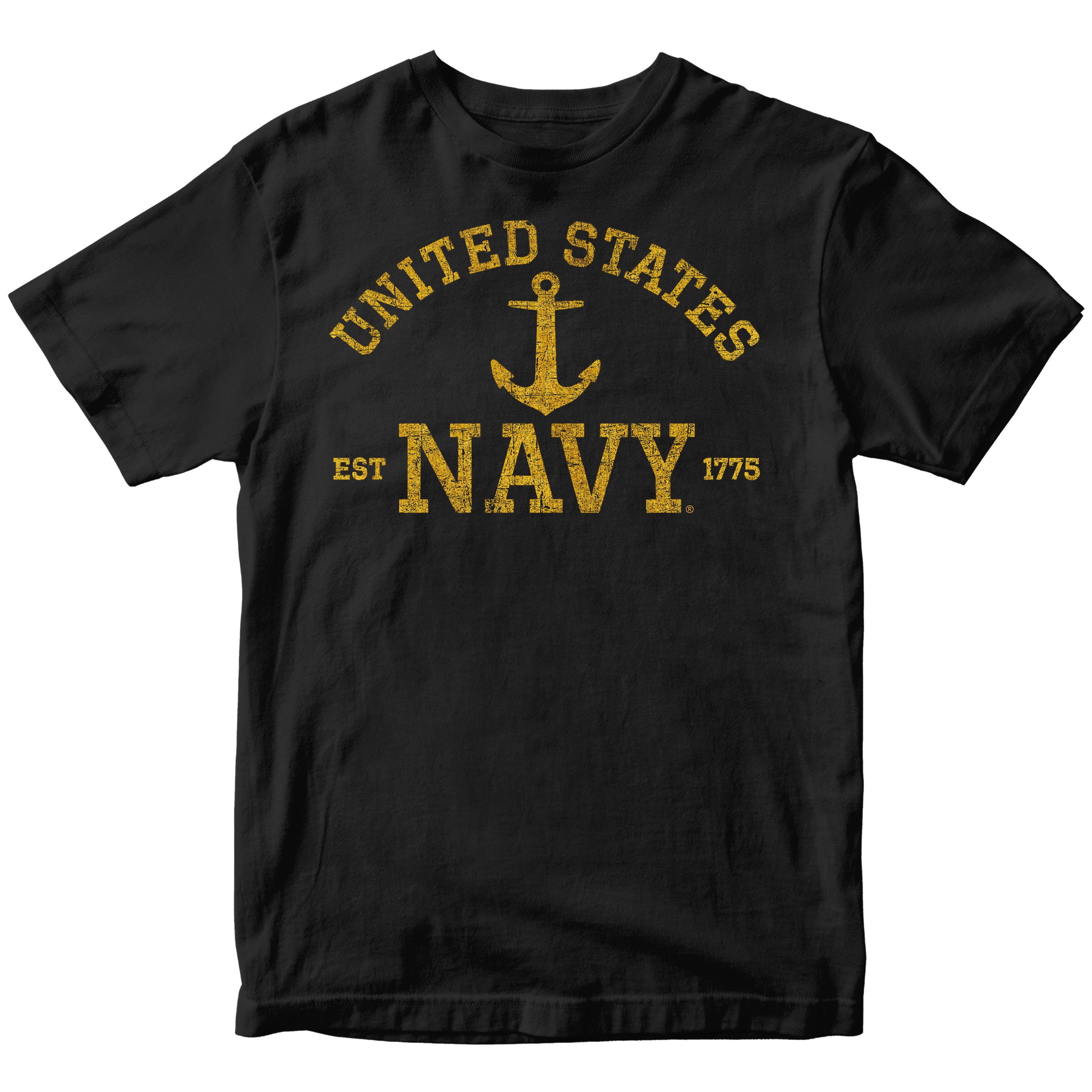 Black United States Navy EST. 1775 Tee with distressed gold lettering and anchor design