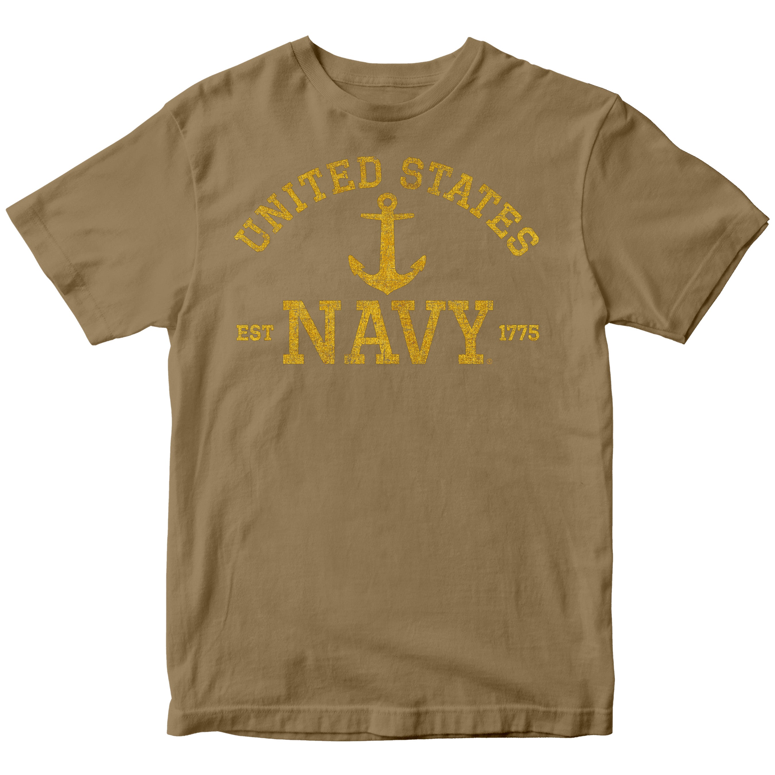Brown United States Navy EST. 1775 Tee with distressed gold lettering and anchor design