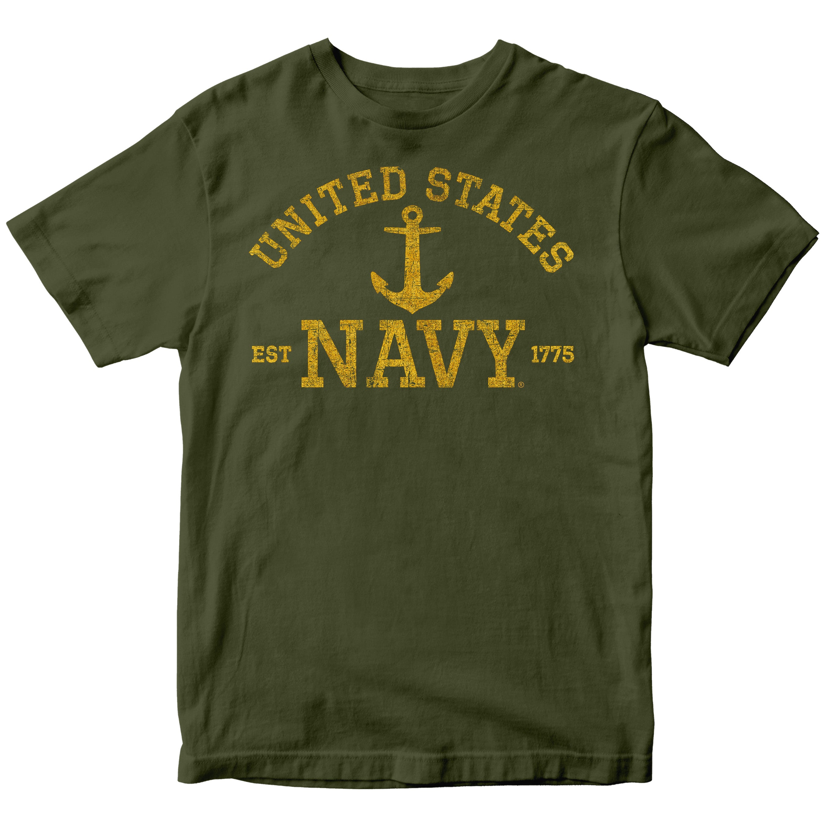 Green United States Navy EST. 1775 Tee with distressed gold lettering and anchor design