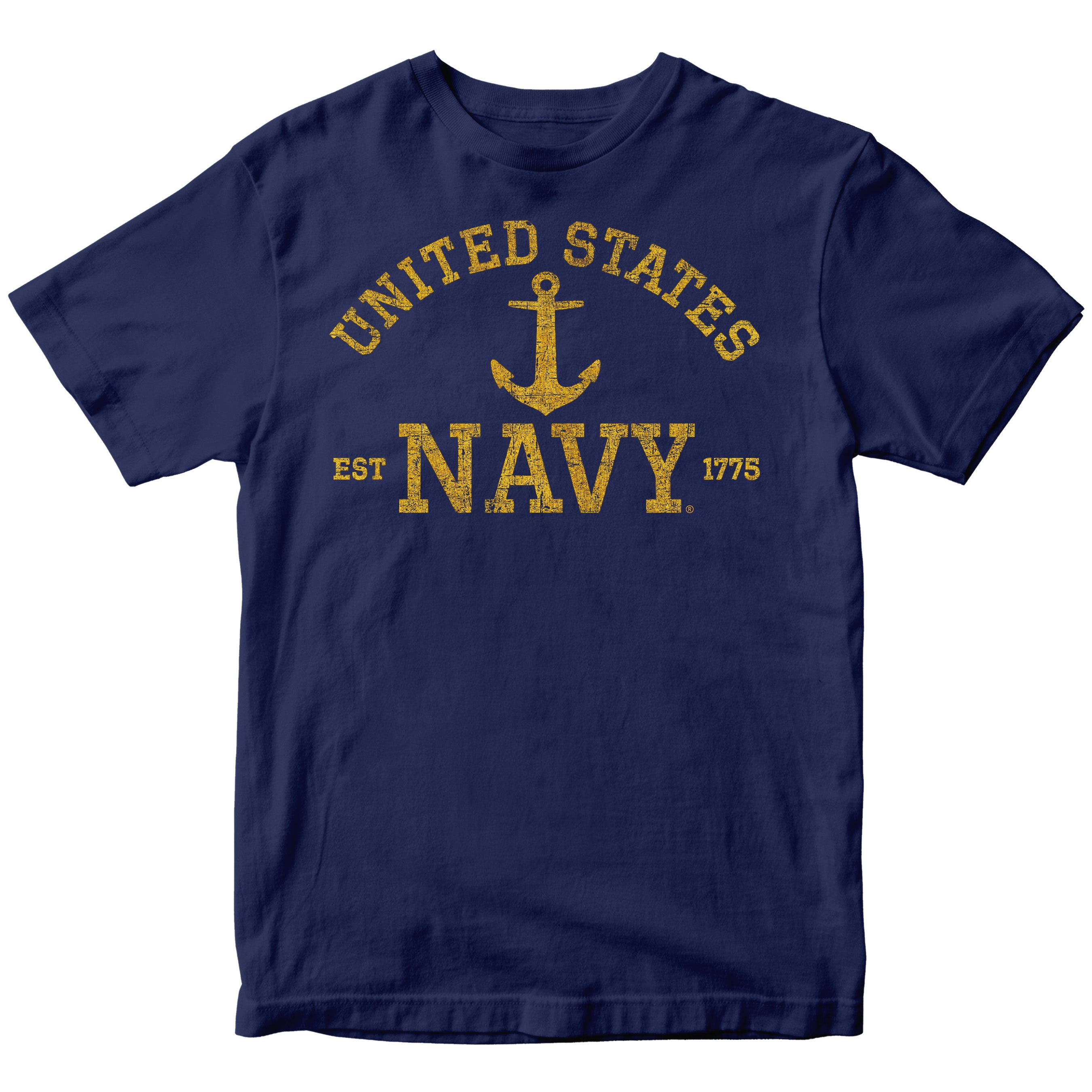 Navy Blue United States Navy EST. 1775 Tee with distressed gold lettering and anchor design
