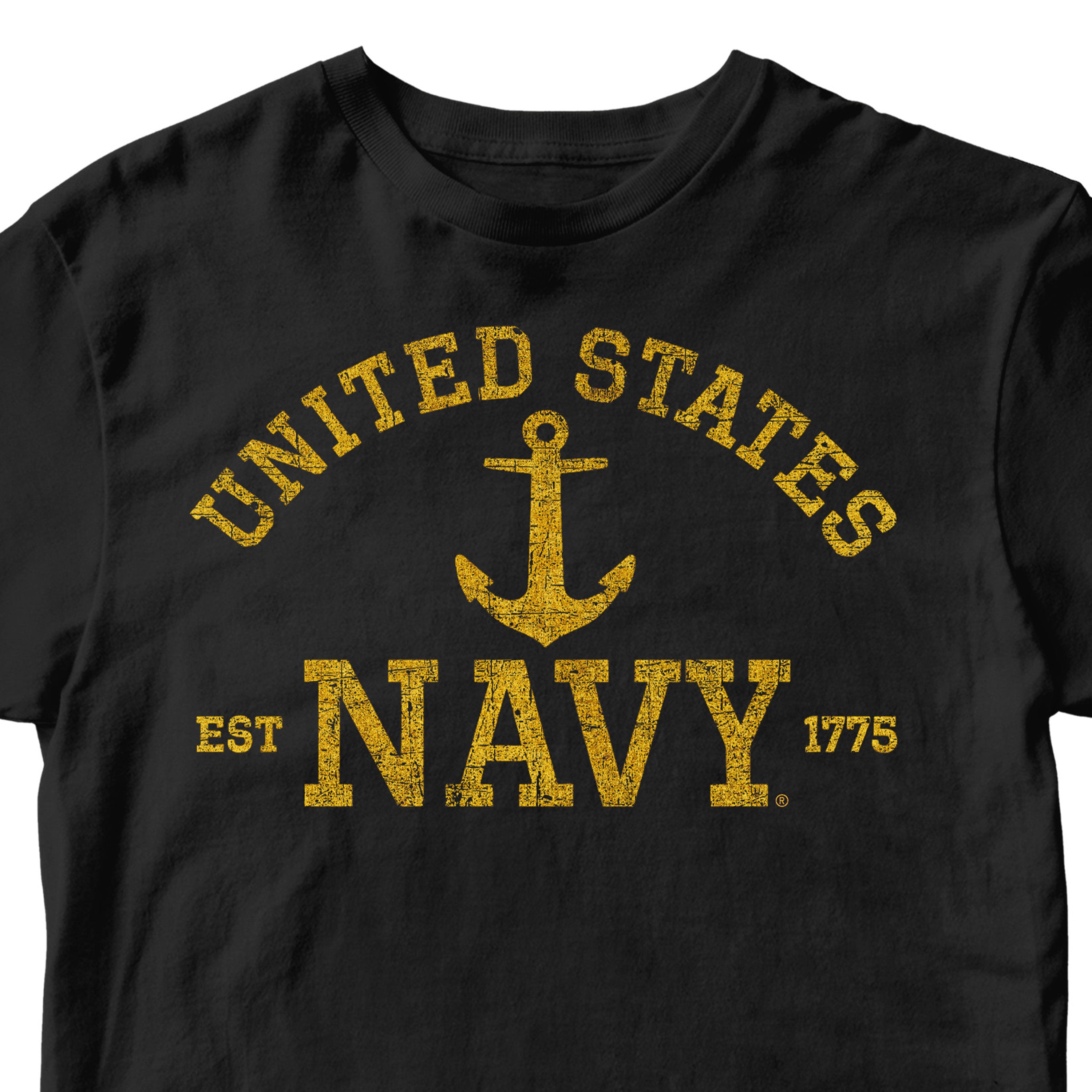 Black United States Navy EST. 1775 Tee with distressed gold lettering and anchor design