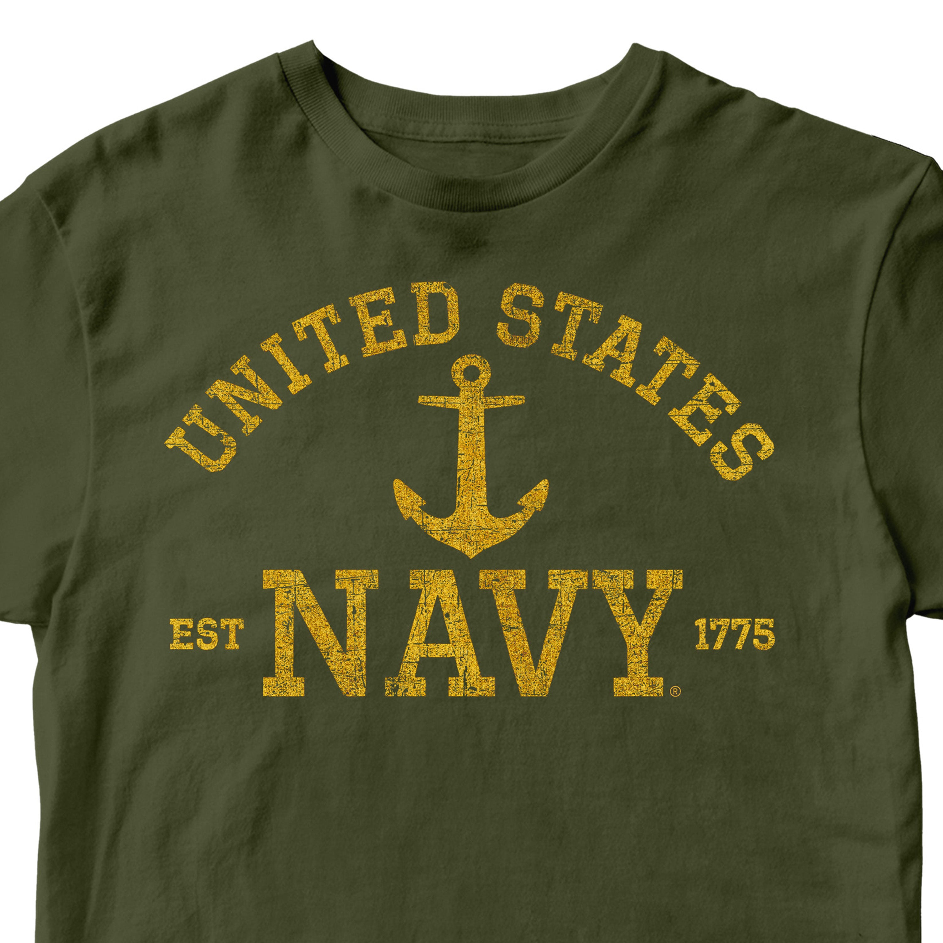 Green United States Navy EST. 1775 Tee with distressed gold lettering and anchor design