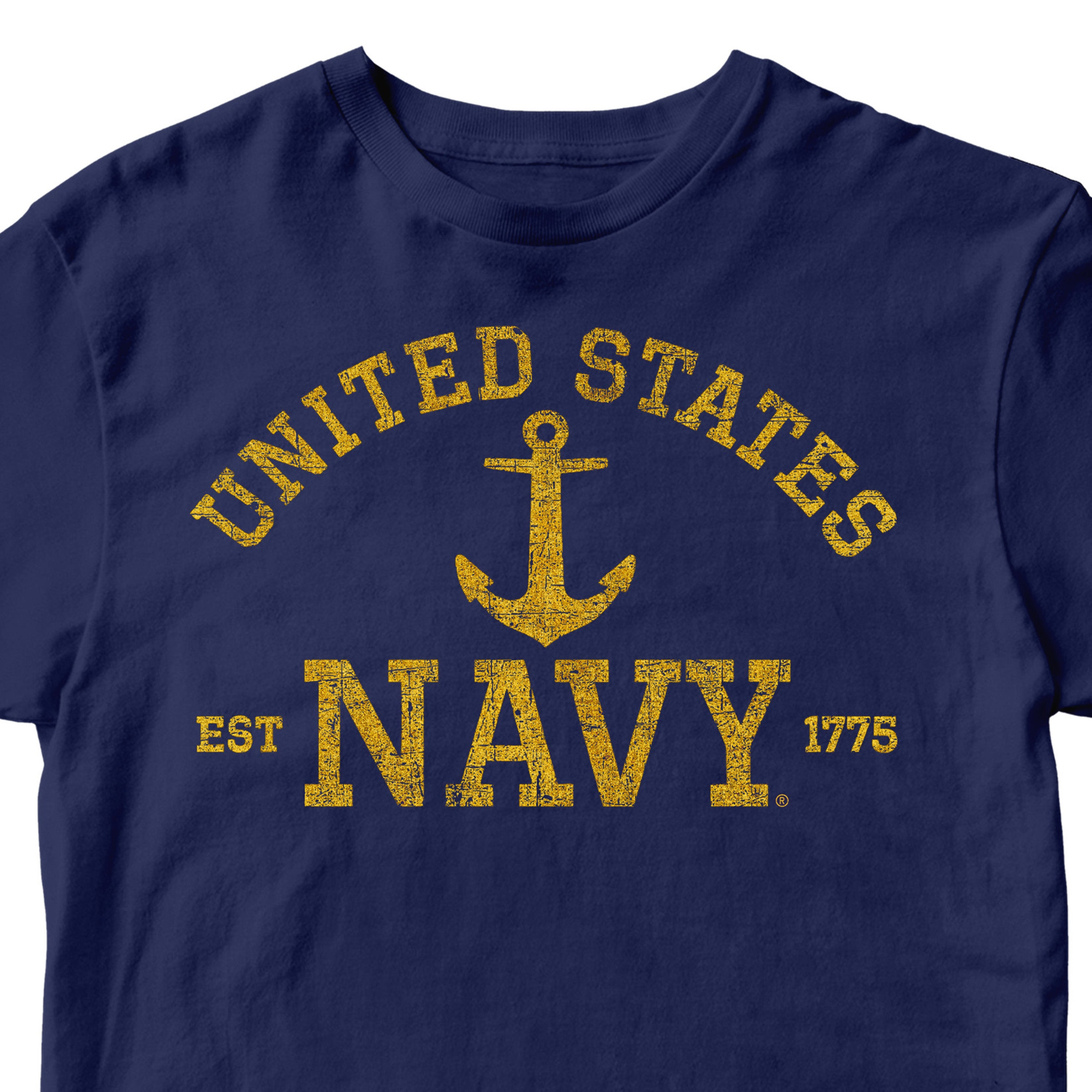 Navy Blue United States Navy EST. 1775 Tee with distressed gold lettering and anchor design