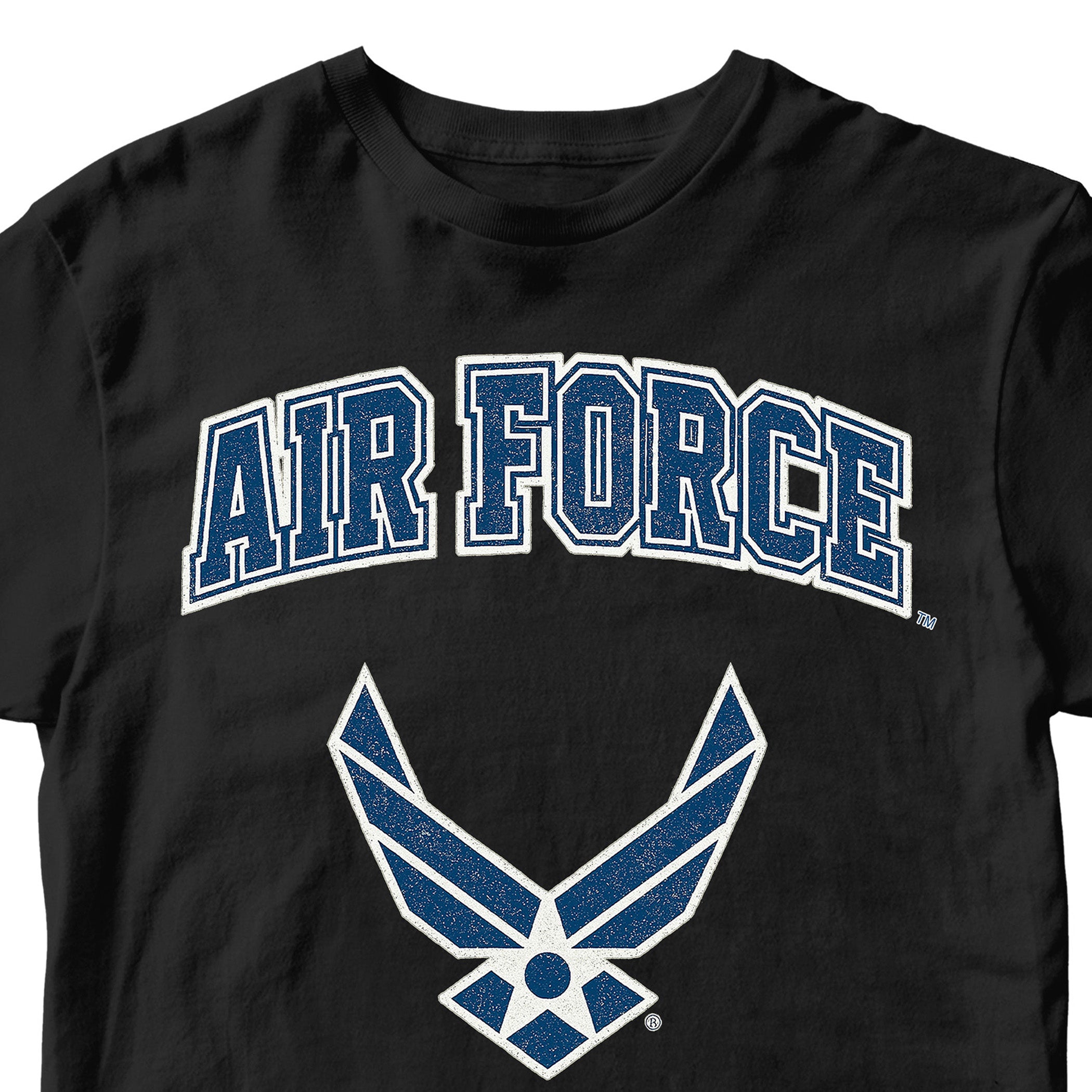 Black Air Force t-shirt with varsity lettering and official Wings emblem. United States Air Force Tee