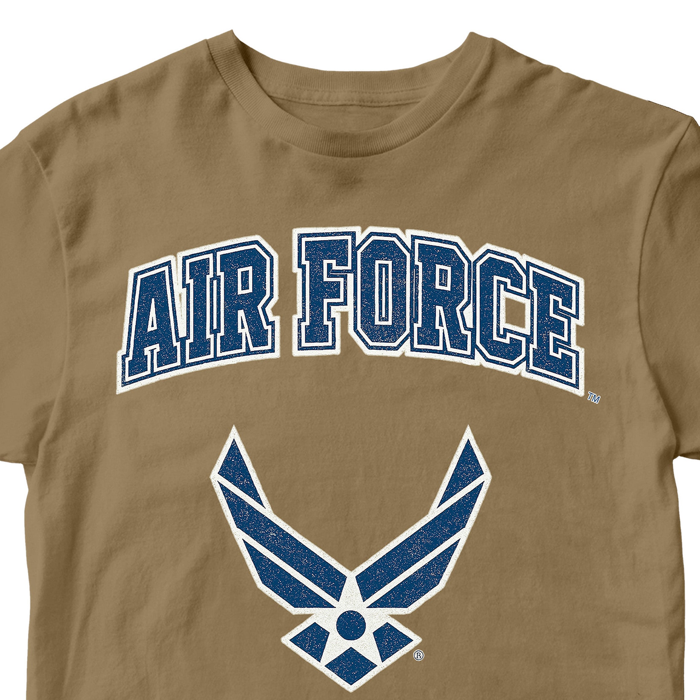 Brown Air Force t-shirt with varsity lettering and official Wings emblem. United States Air Force Tee