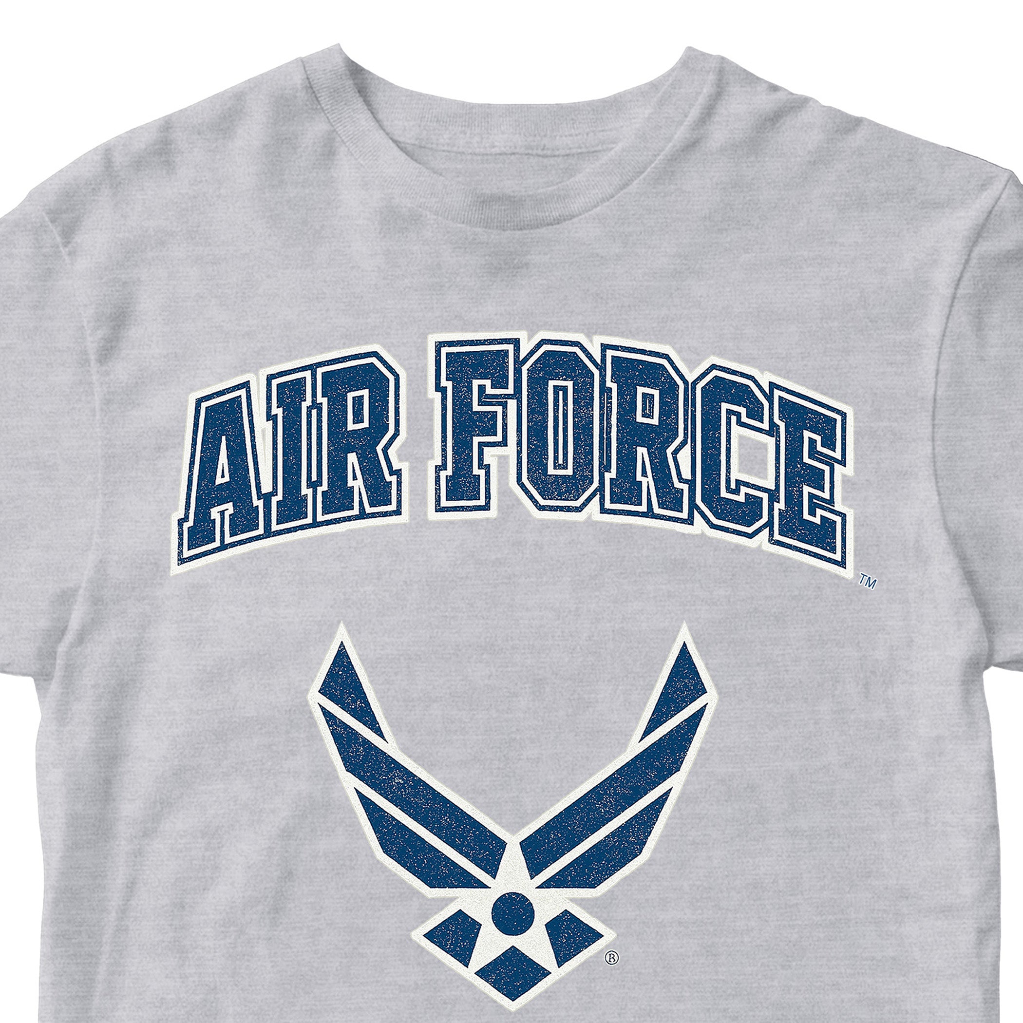 Grey Air Force t-shirt with varsity lettering and official Wings emblem. United States Air Force Tee