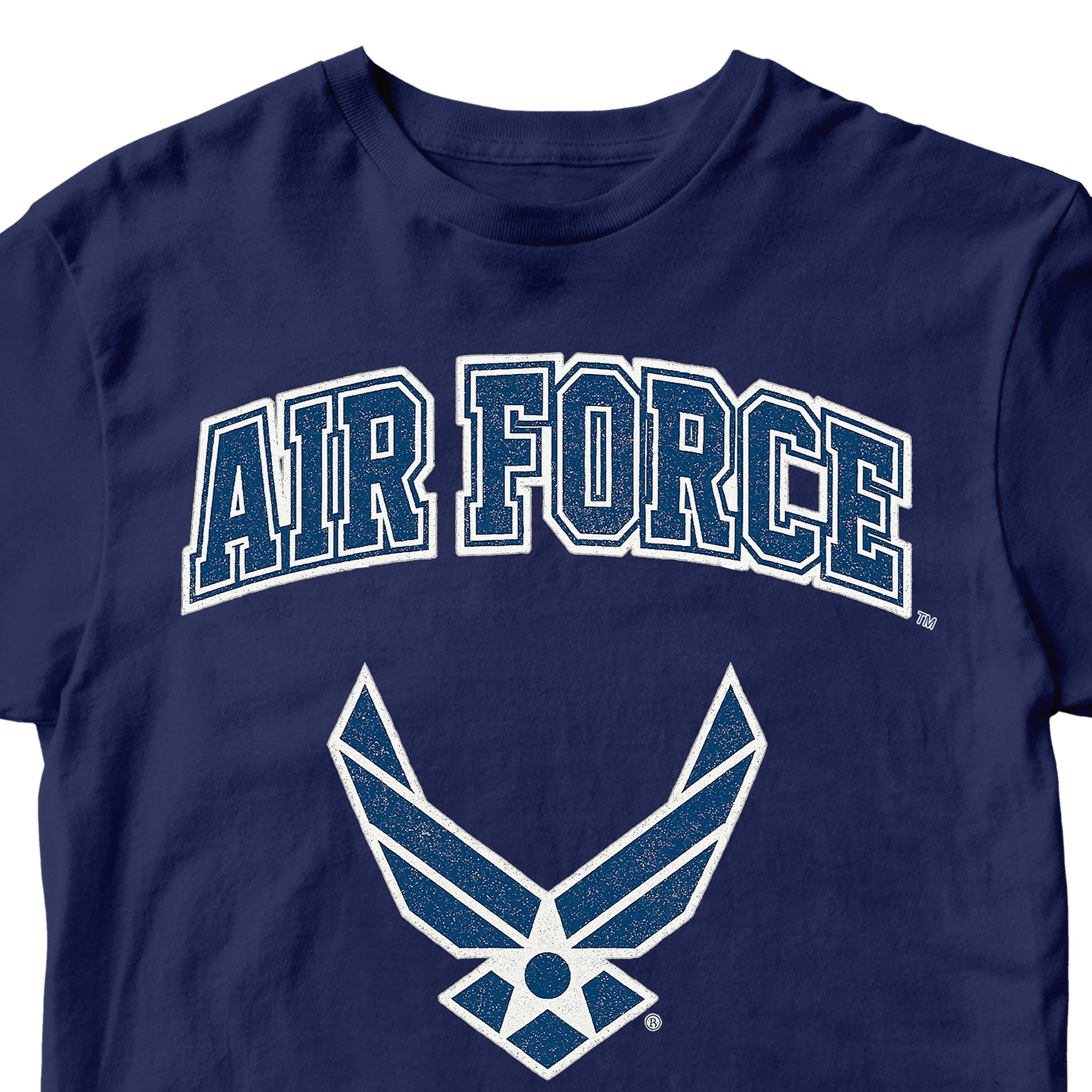 Navy Blue Air Force t-shirt with varsity lettering and official Wings emblem. United States Air Force Tee