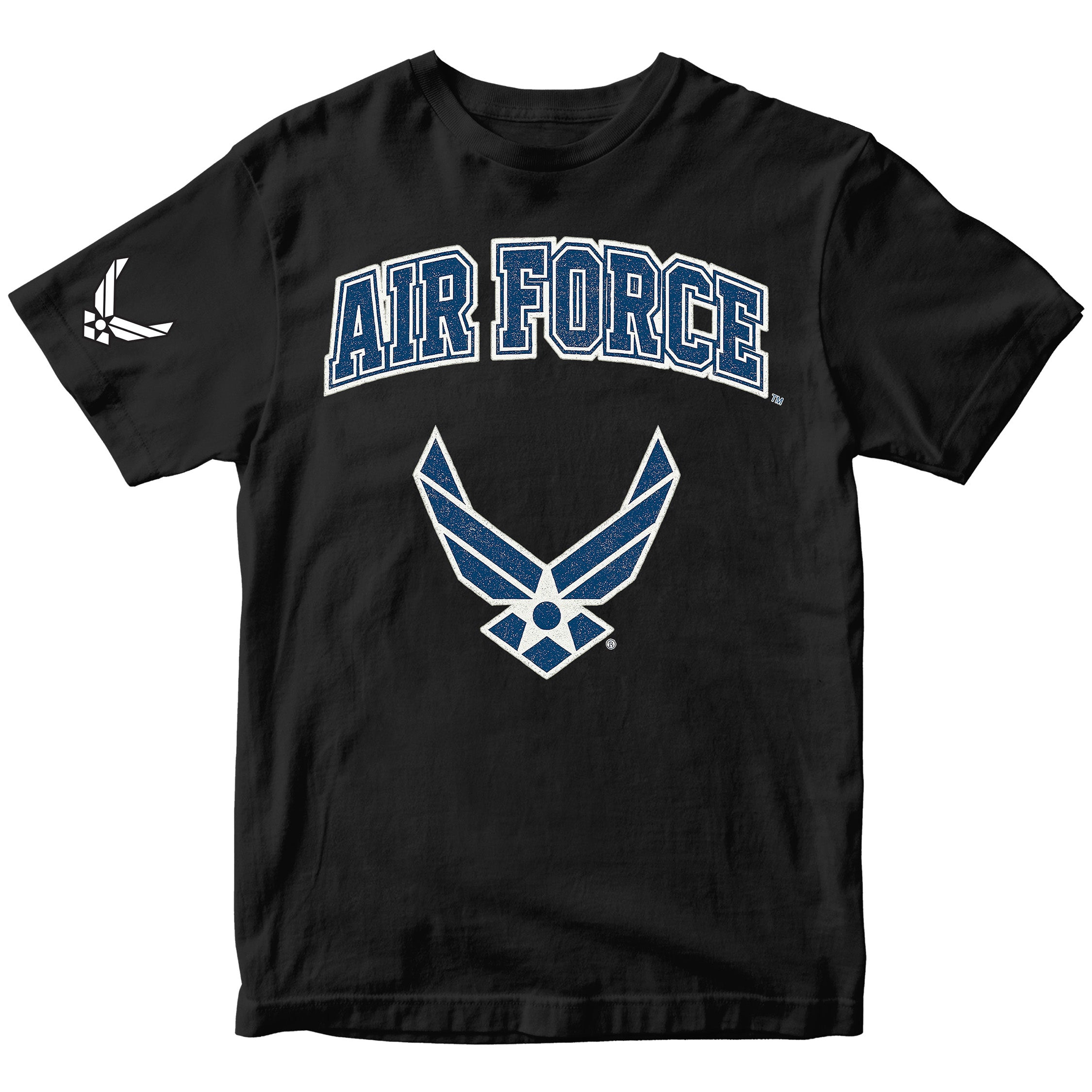Black Air Force t-shirt with varsity lettering and official Wings emblem. United States Air Force Tee