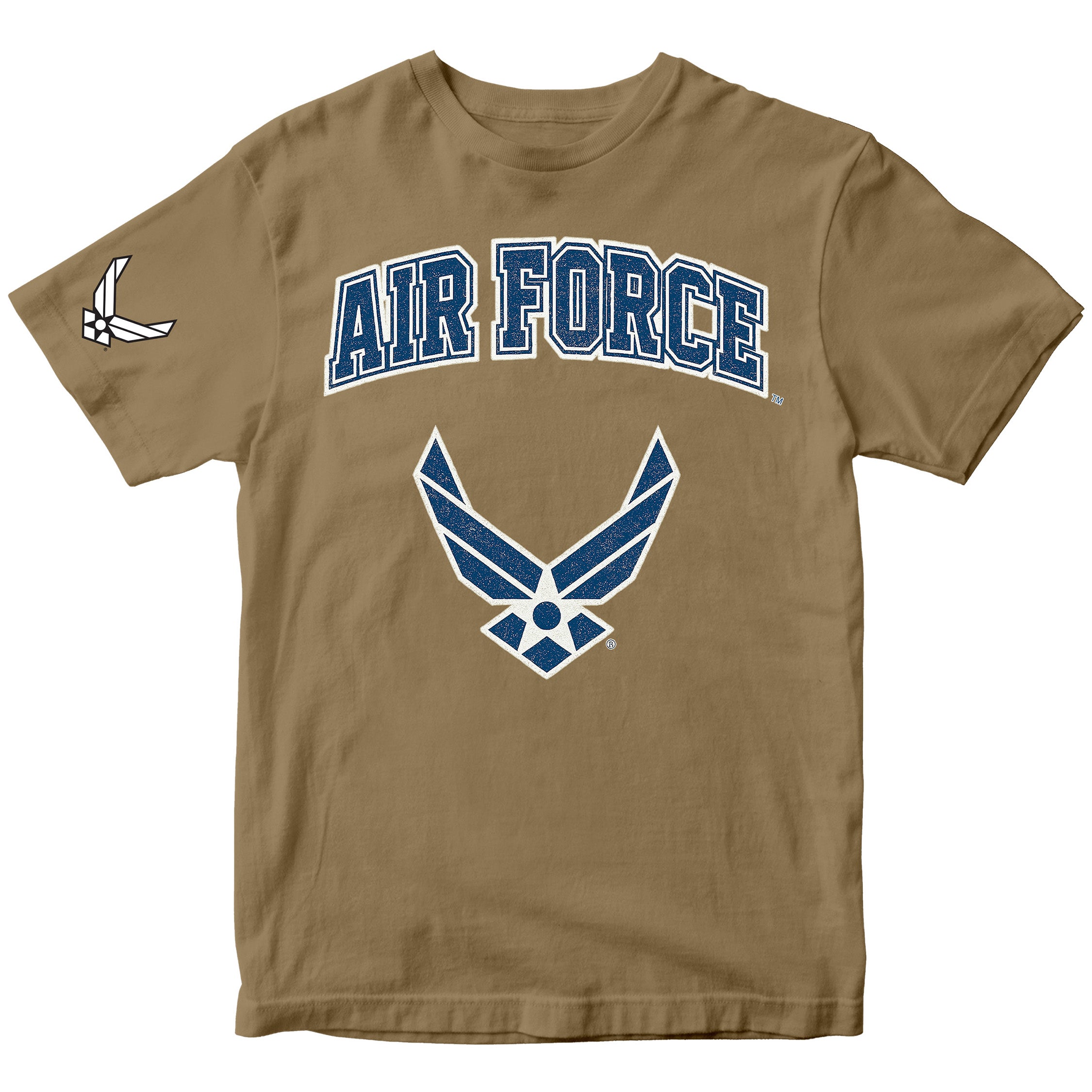 Brown Air Force t-shirt with varsity lettering and official Wings emblem. United States Air Force Tee