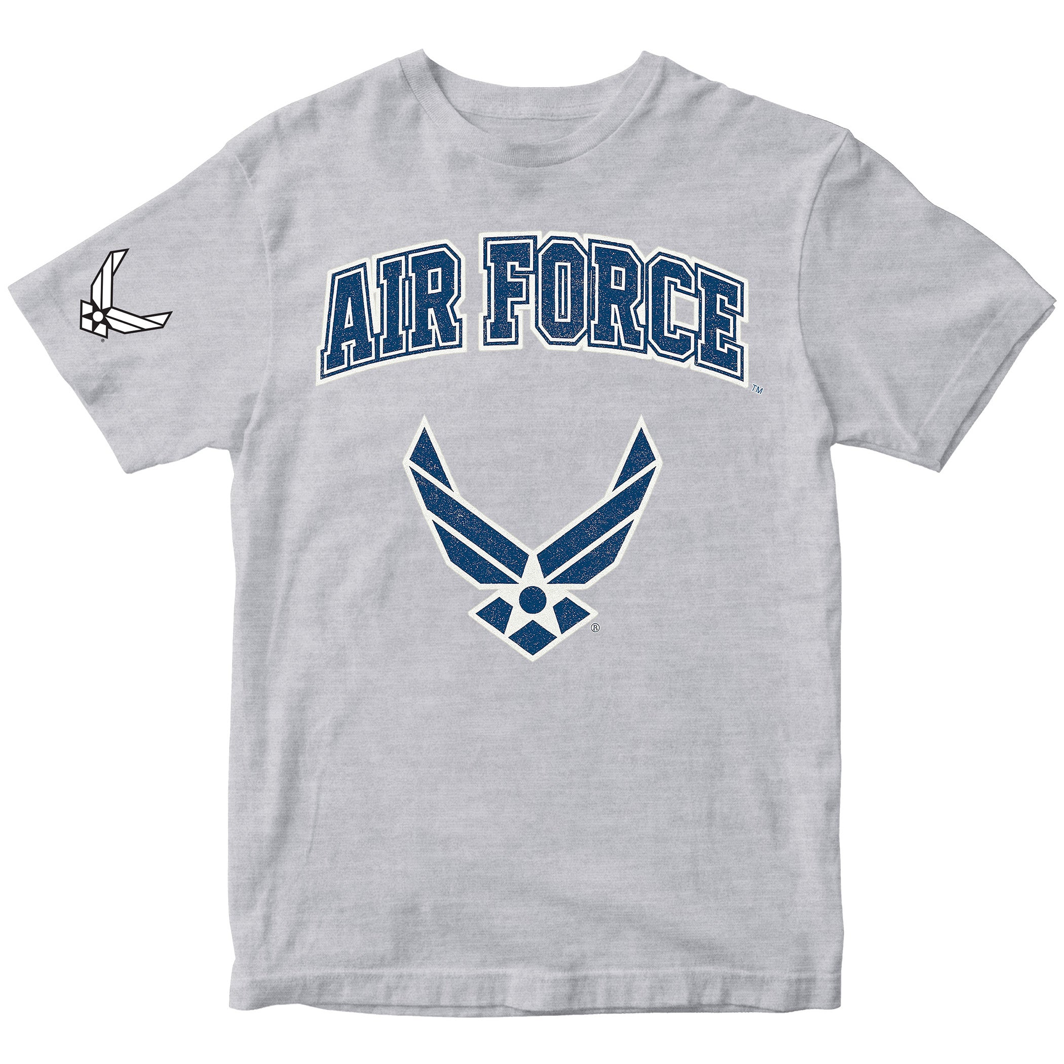 Grey Air Force t-shirt with varsity lettering and official Wings emblem. United States Air Force Tee
