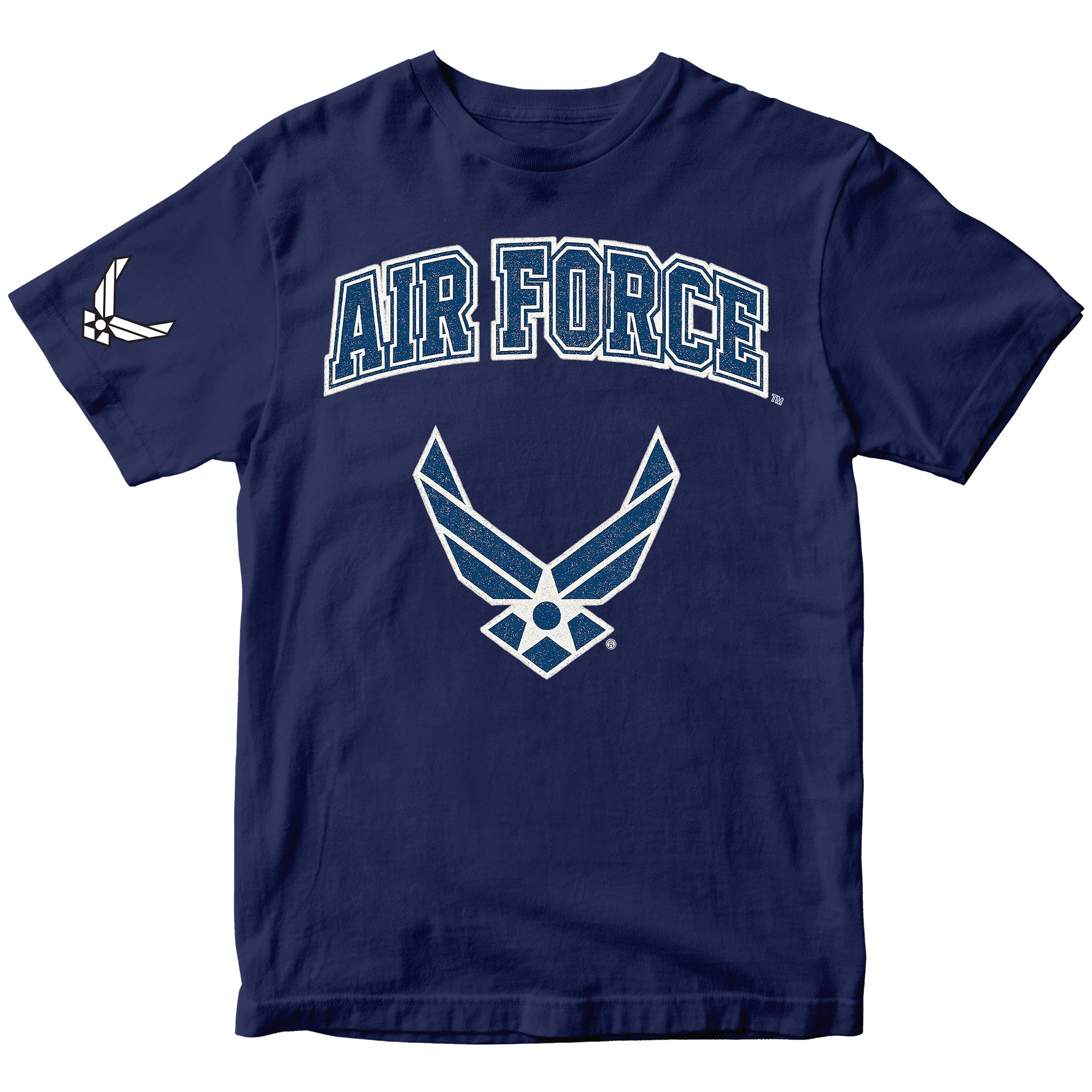 Navy Blue Air Force t-shirt with varsity lettering and official Wings emblem. United States Air Force Tee
