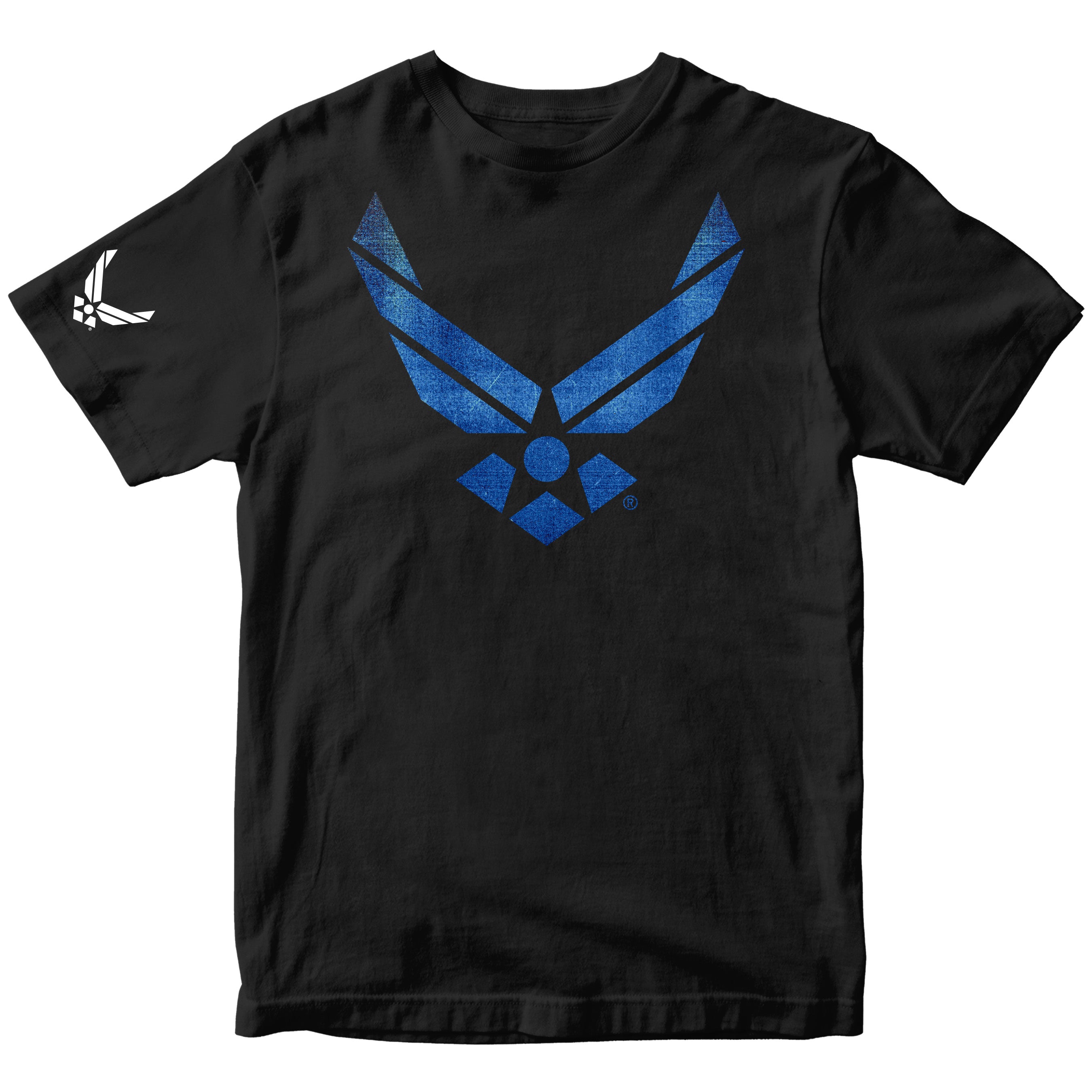 Black Air Force t-shirt with vintage blue wings distressed blue Air Force logo tee. USAF apparel veteran gift military shirt