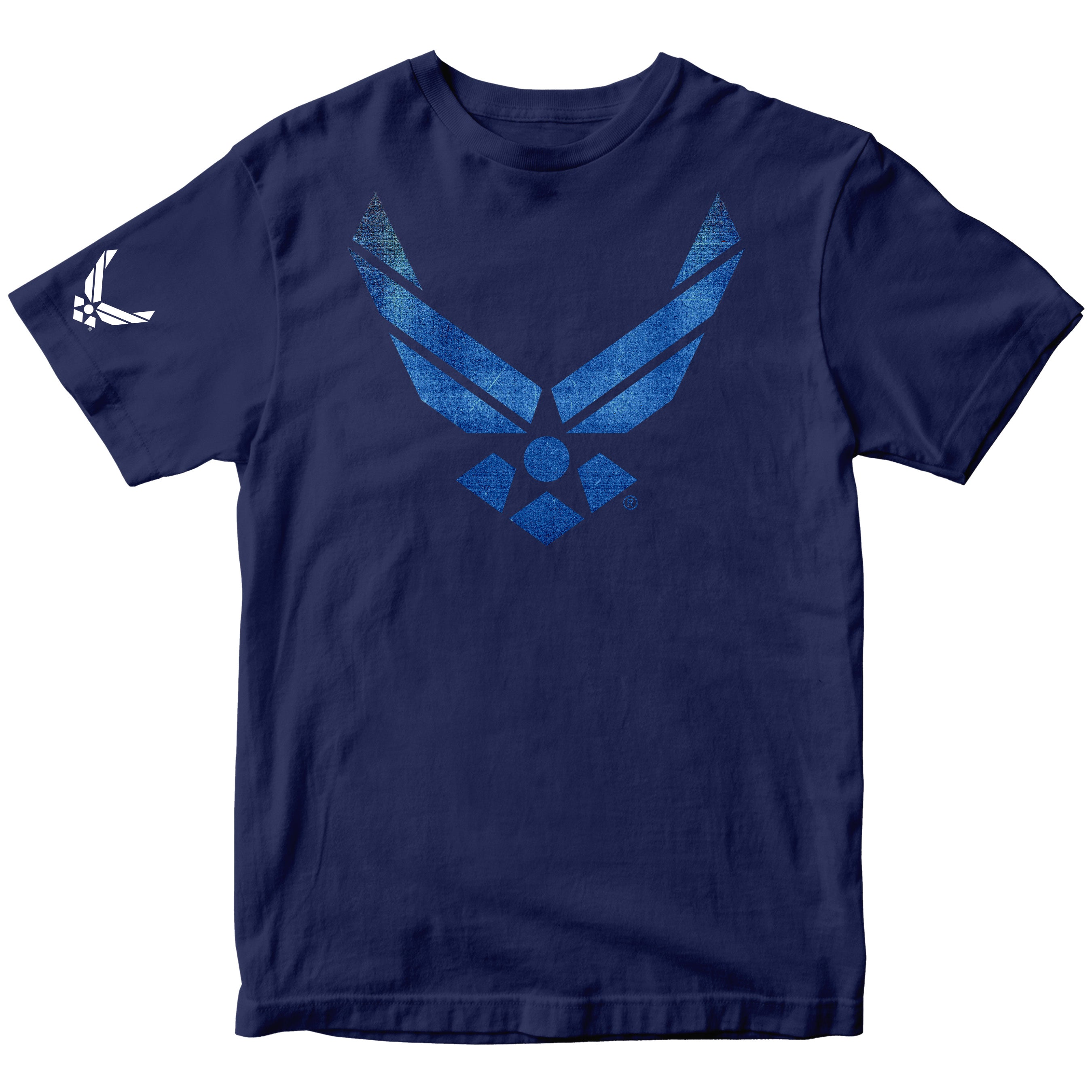 Navy blue Air Force t-shirt with vintage blue wings distressed blue Air Force logo tee. USAF apparel veteran gift military shirt