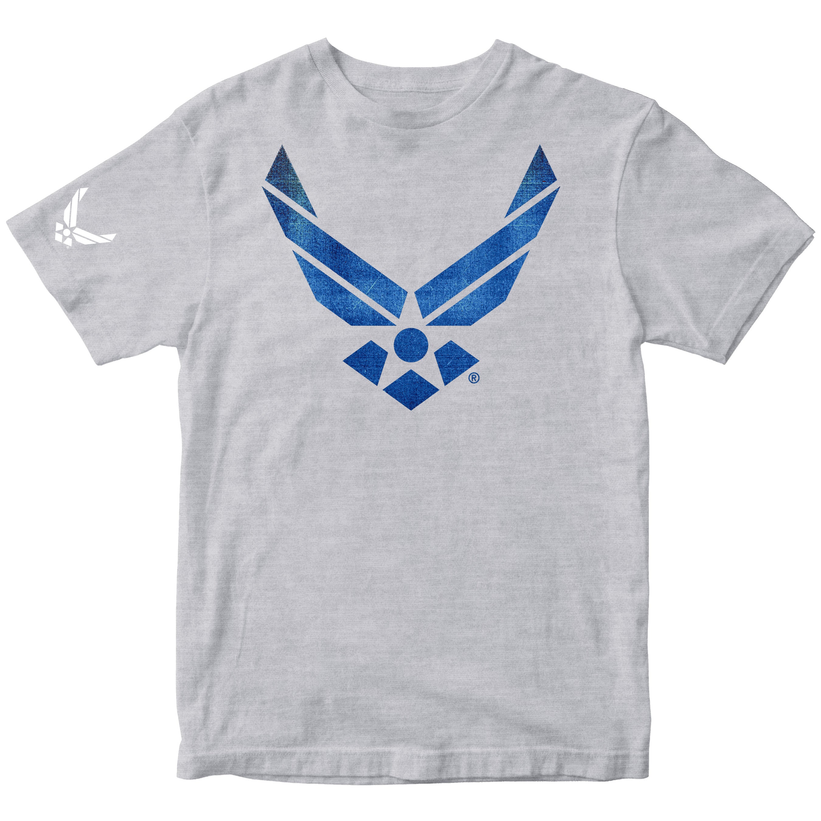Gray Air Force t-shirt with vintage blue wings distressed blue Air Force logo tee. USAF apparel veteran gift military shirt