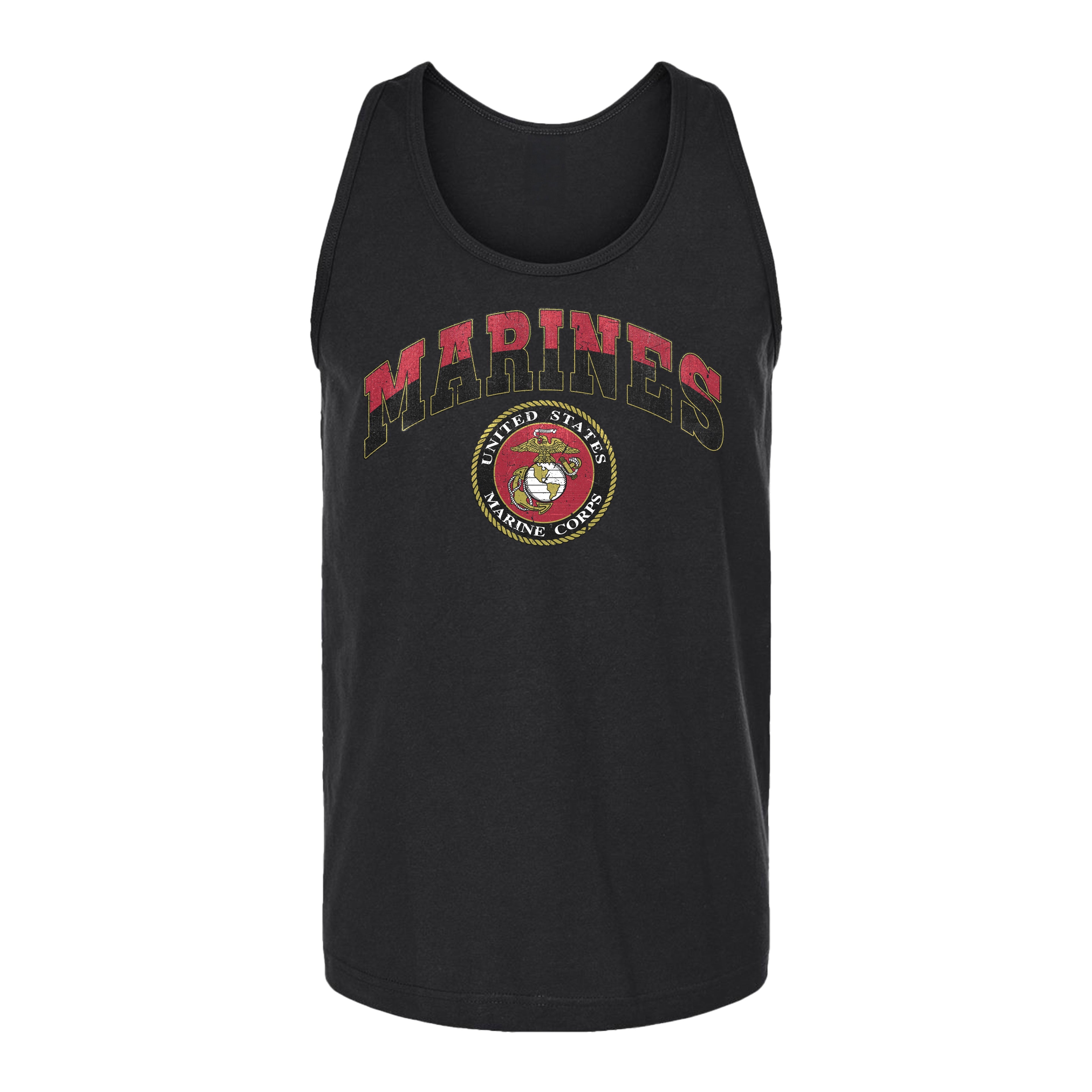 Men’s USMC tank top with distressed red and gold 'MARINES' text arched above the full-color United States Marine Corps seal, vintage military workout tank.