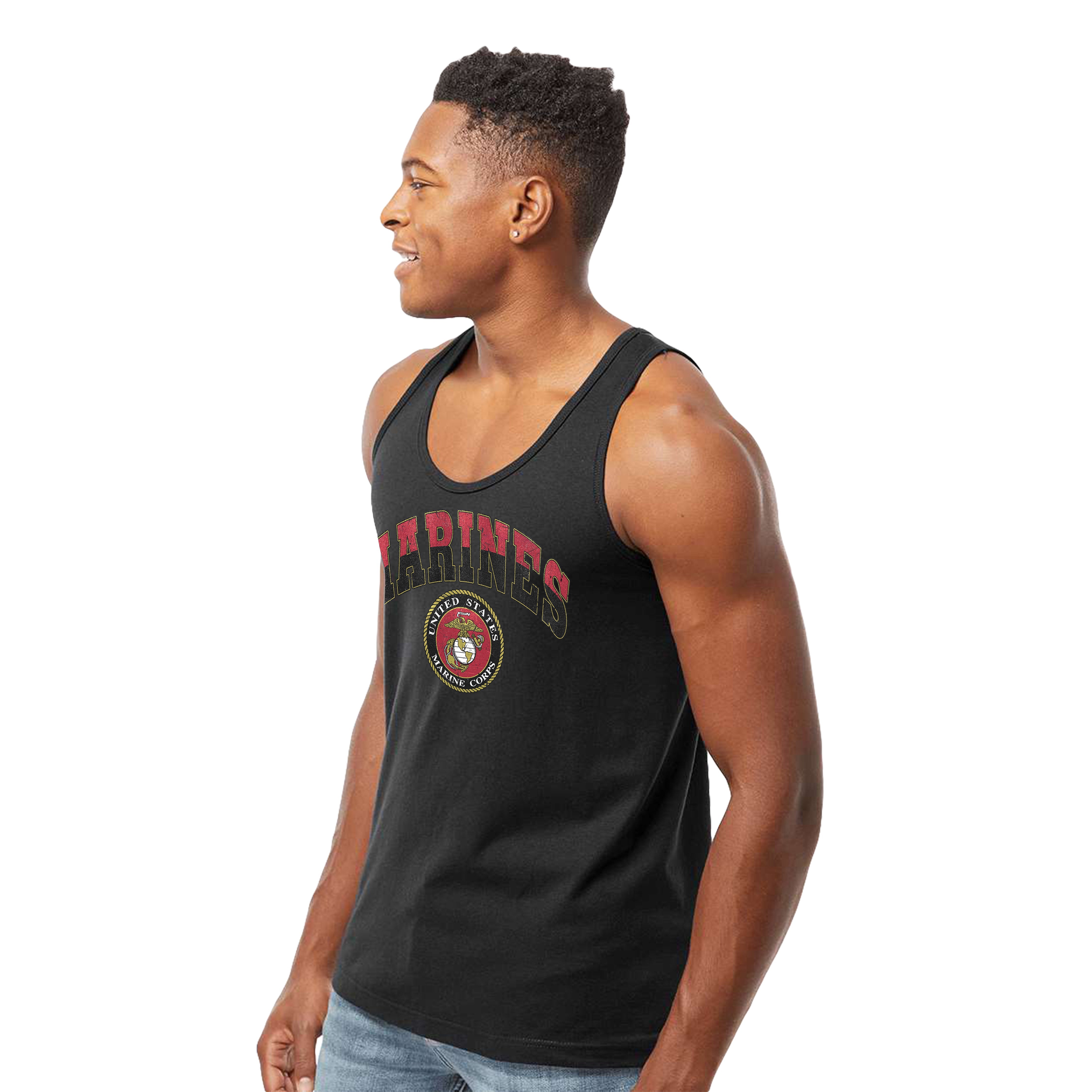 Men’s USMC tank top with distressed red and gold 'MARINES' text arched above the full-color United States Marine Corps seal, vintage military workout tank.