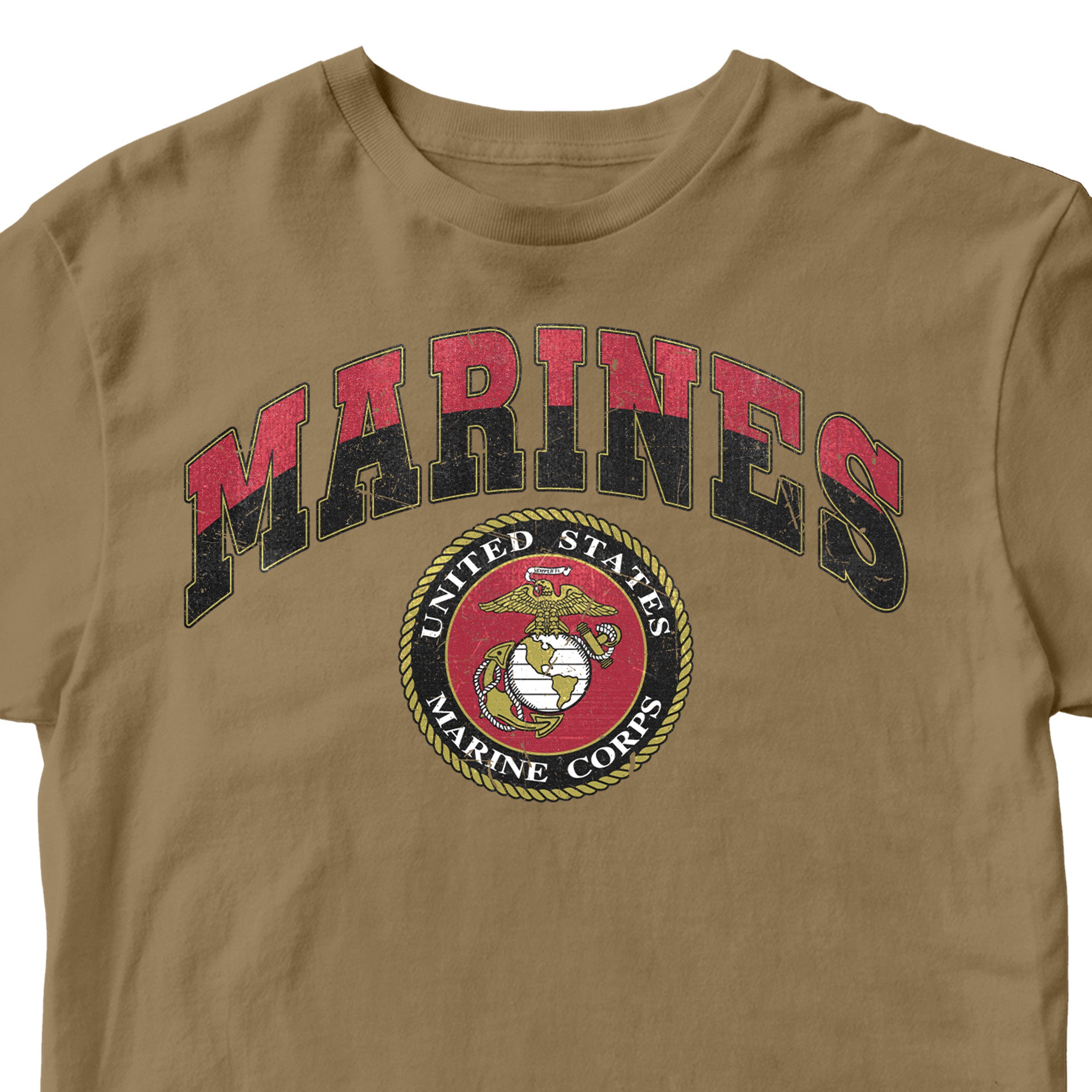 Vintage USMC Marines t-shirt with distressed red and black 'MARINES' text and full-color United States Marine Corps seal on chest, patriotic military shirt for veterans and Marine supporters