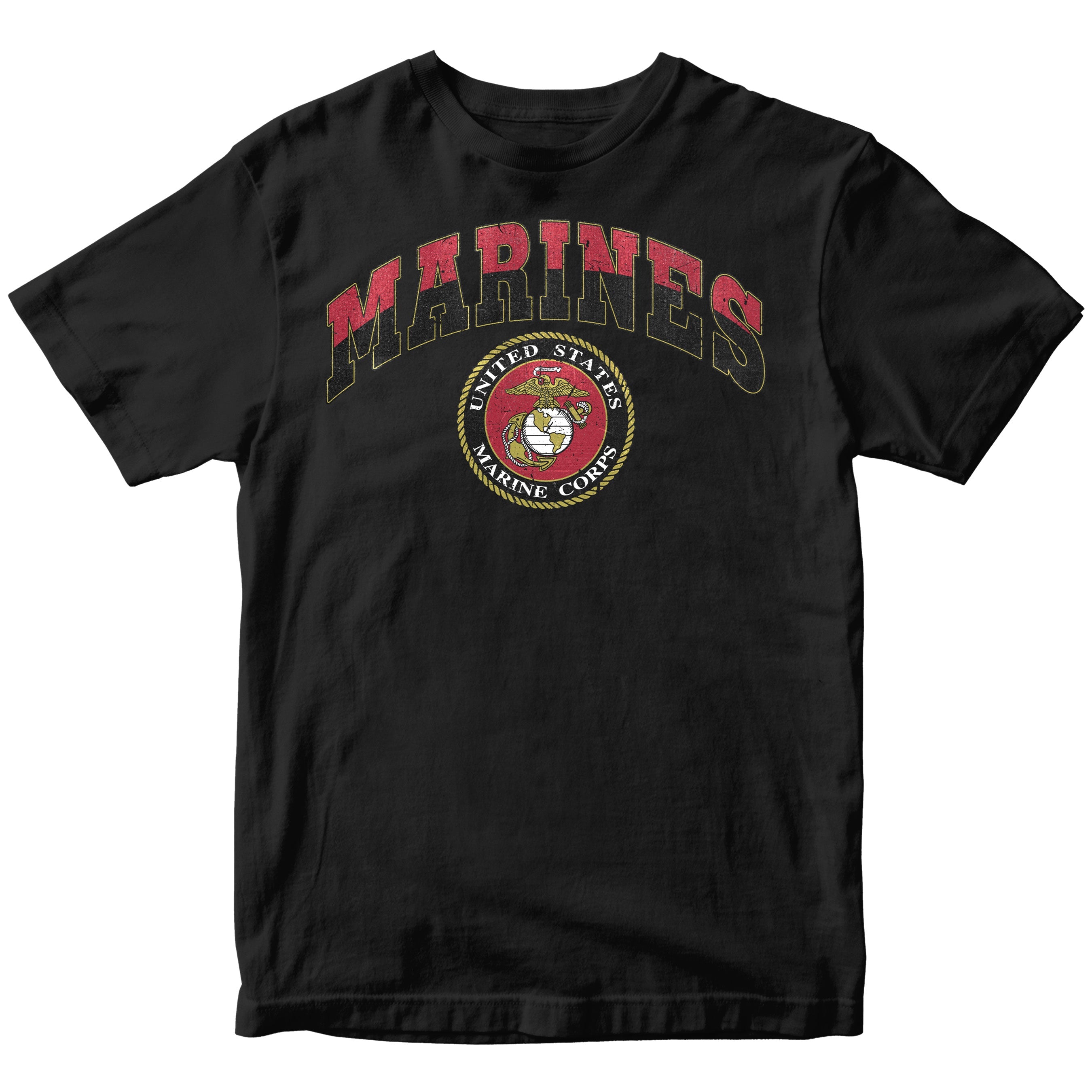 Vintage USMC Marines t-shirt with distressed red and black 'MARINES' text and full-color United States Marine Corps seal on chest, patriotic military shirt for veterans and Marine supporters