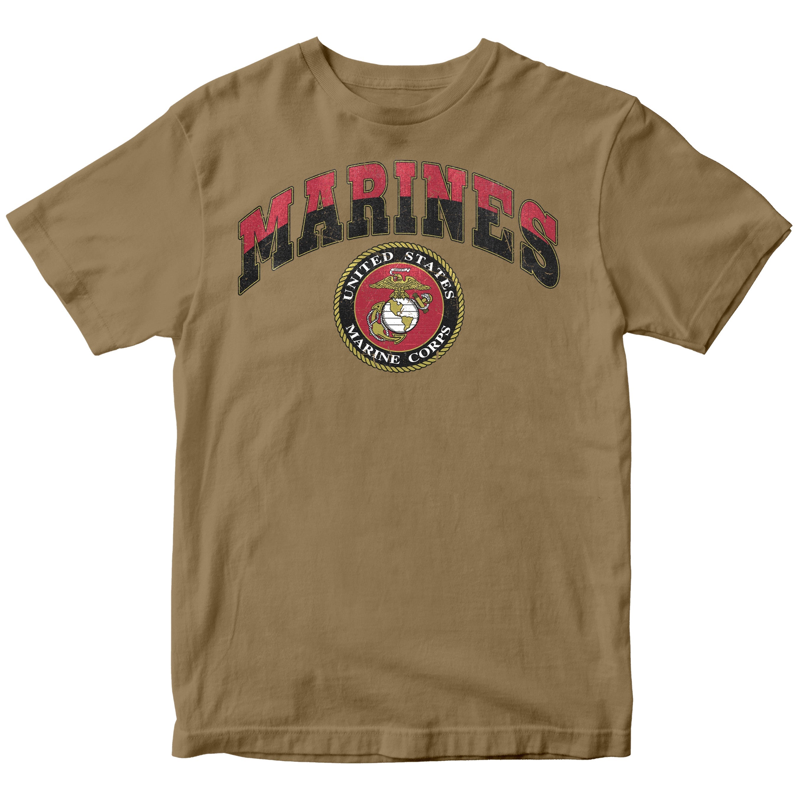 Vintage USMC Marines t-shirt with distressed red and black 'MARINES' text and full-color United States Marine Corps seal on chest, patriotic military shirt for veterans and Marine supporters