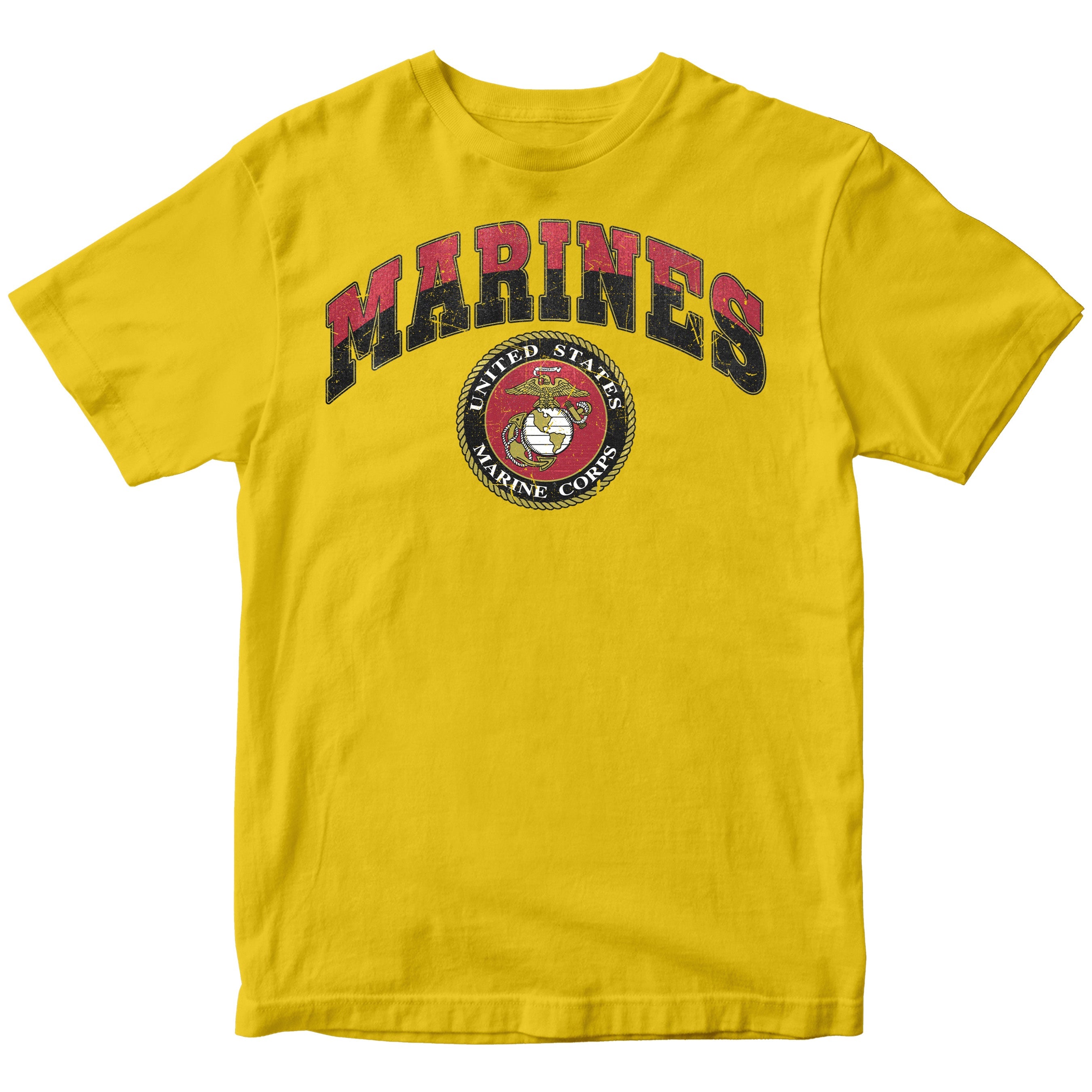 Vintage USMC Marines t-shirt with distressed red and black 'MARINES' text and full-color United States Marine Corps seal on chest, patriotic military shirt for veterans and Marine supporters
