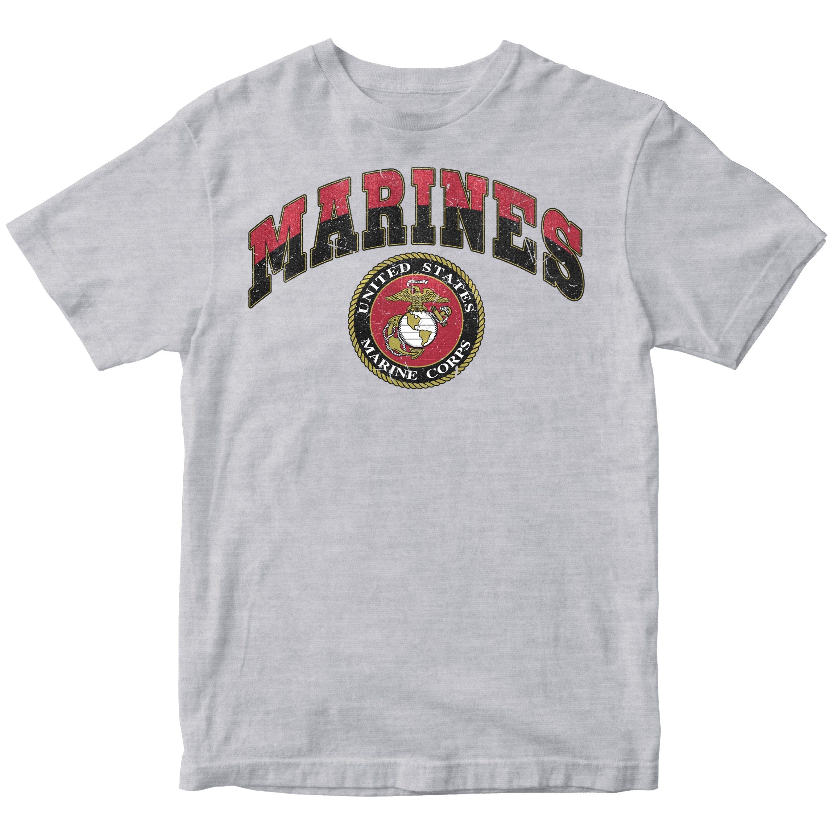 Vintage USMC Marines t-shirt with distressed red and black 'MARINES' text and full-color United States Marine Corps seal on chest, patriotic military shirt for veterans and Marine supporters