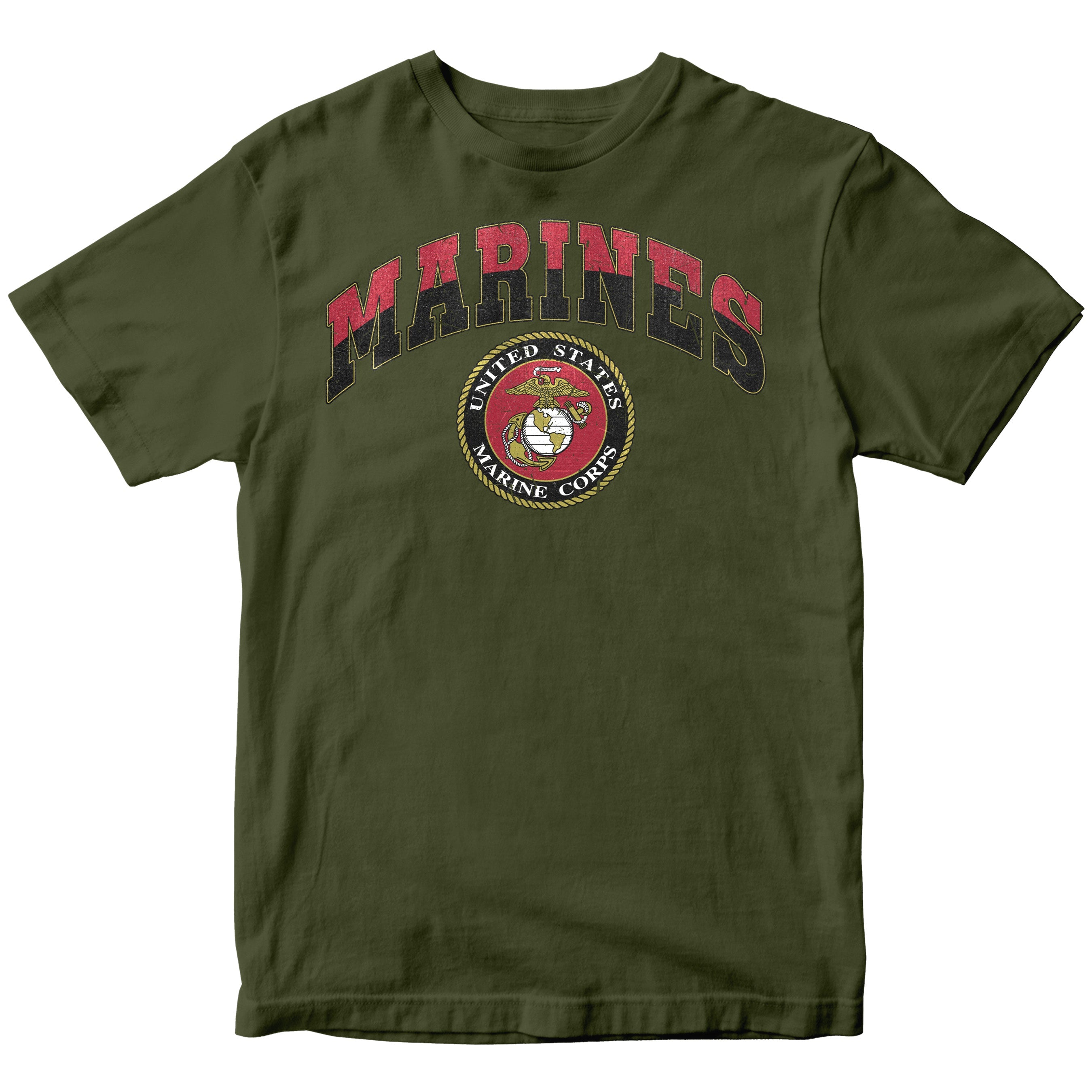 Vintage USMC Marines t-shirt with distressed red and black 'MARINES' text and full-color United States Marine Corps seal on chest, patriotic military shirt for veterans and Marine supporters