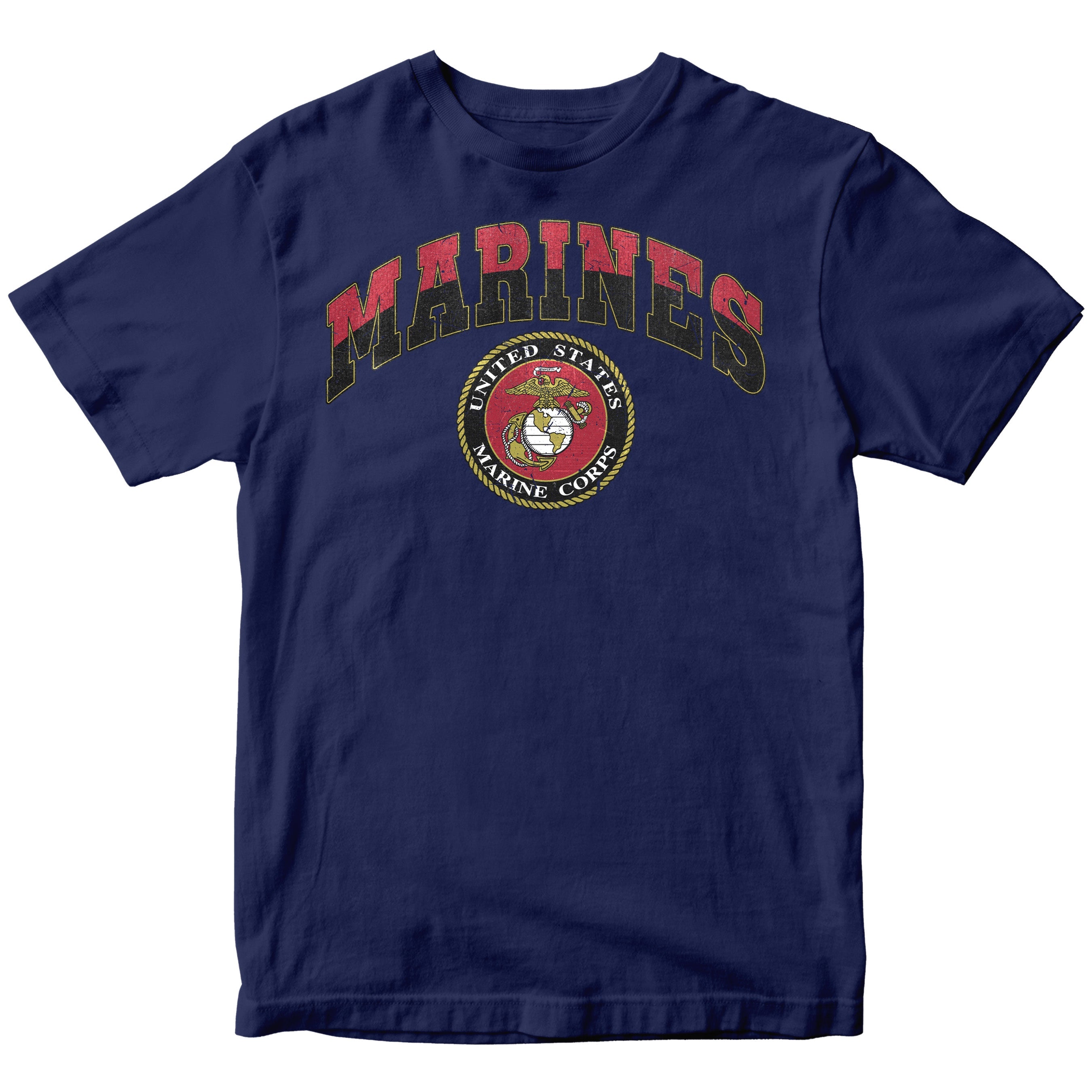 Vintage USMC Marines t-shirt with distressed red and black 'MARINES' text and full-color United States Marine Corps seal on chest, patriotic military shirt for veterans and Marine supporters