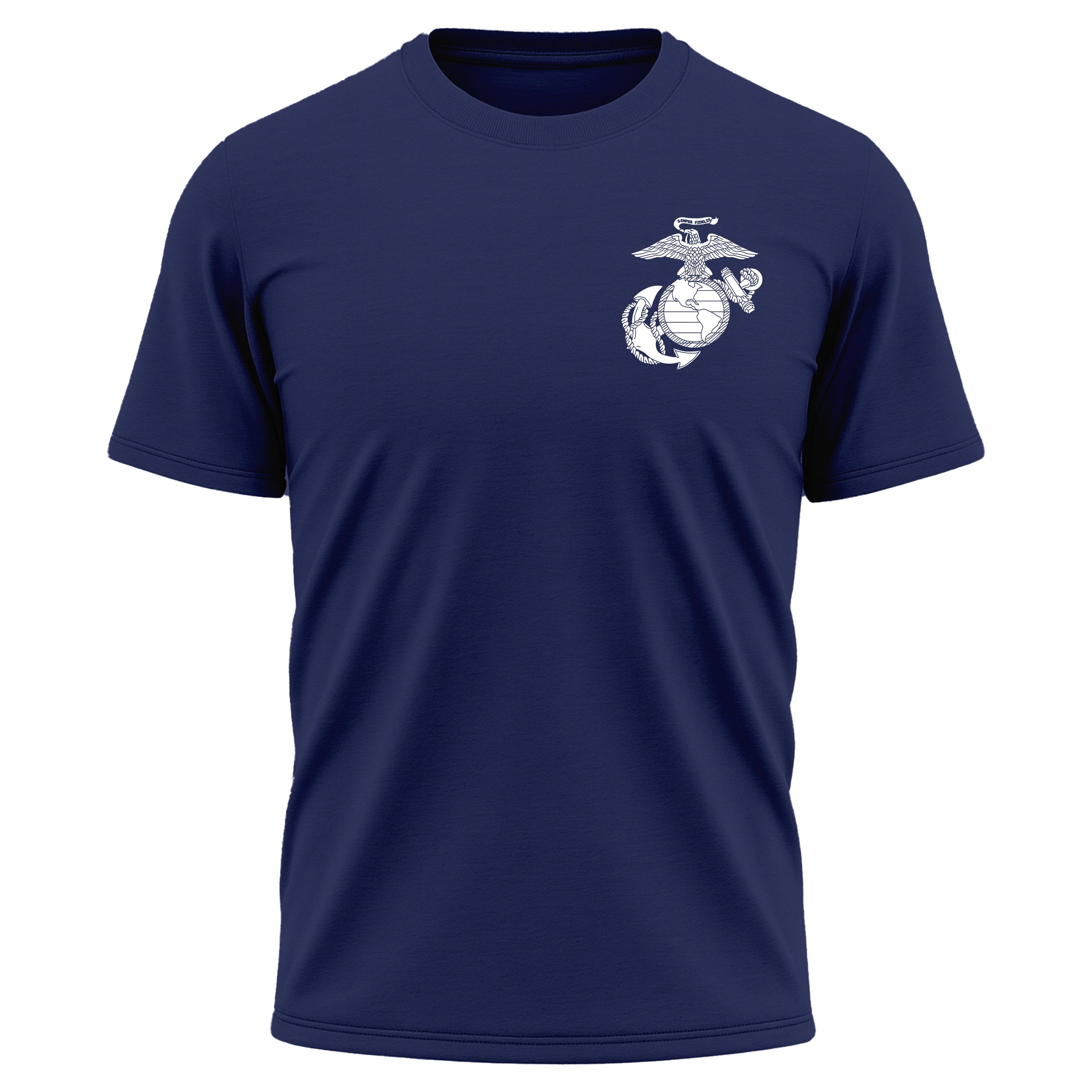 Marines vintage EGA chest seal performance T-shirt with Eagle Globe and Anchor tee. Navy blue USMC performance Tee. USMC Activewear