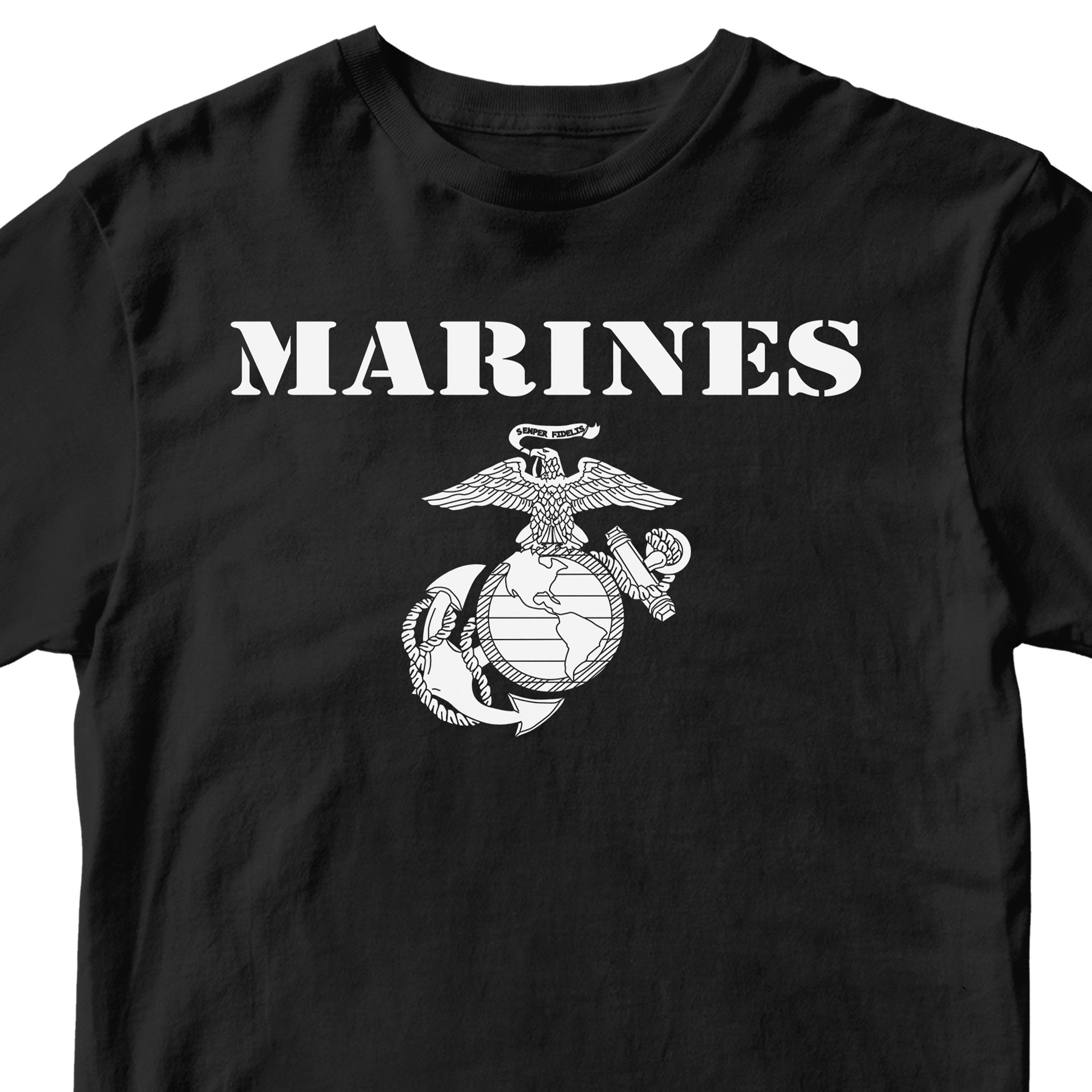 Vintage Marines EGA T-shirt with classic USMC Eagle Globe and Anchor. USMC black Tee