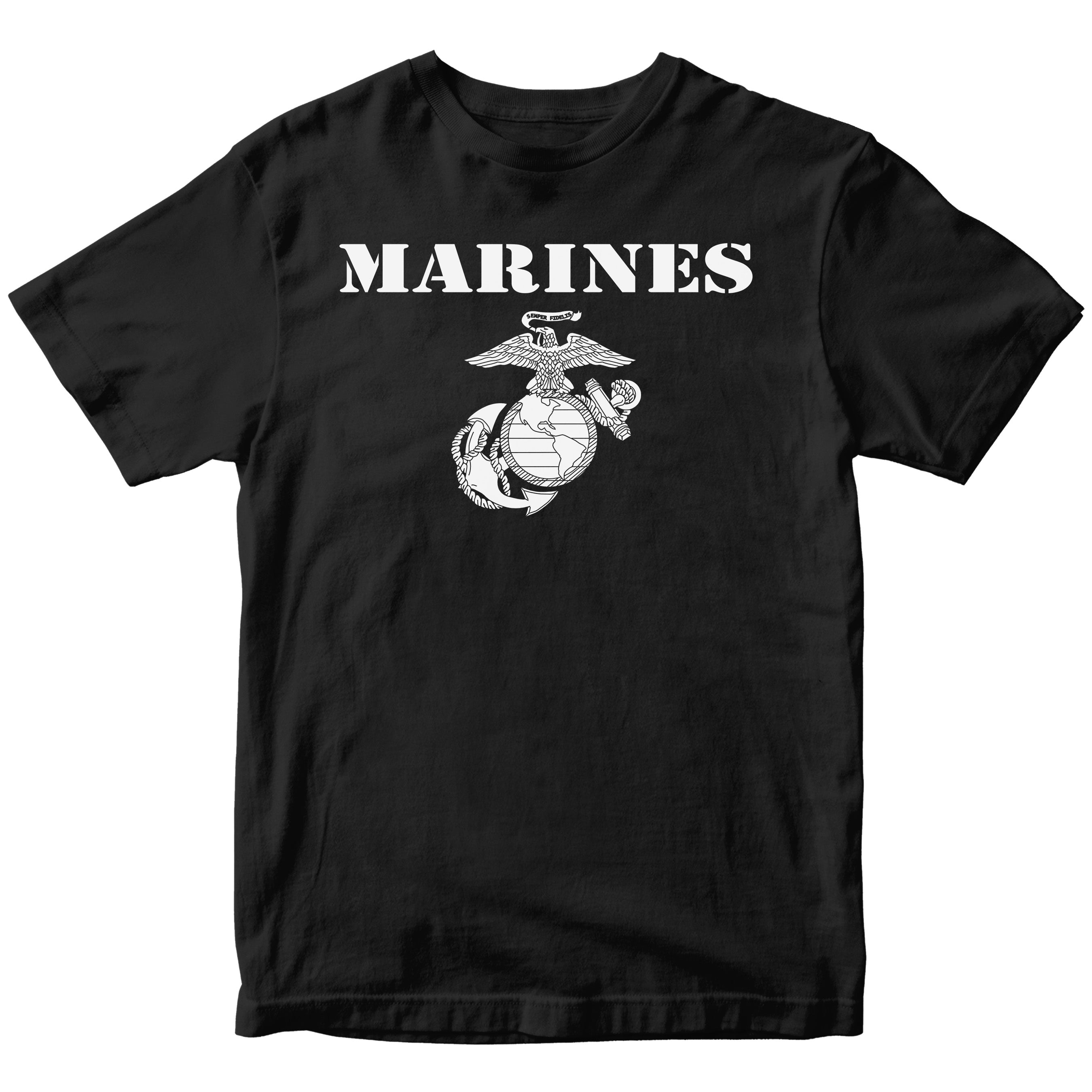 Vintage Marines EGA T-shirt with classic USMC Eagle Globe and Anchor. USMC black Tee
