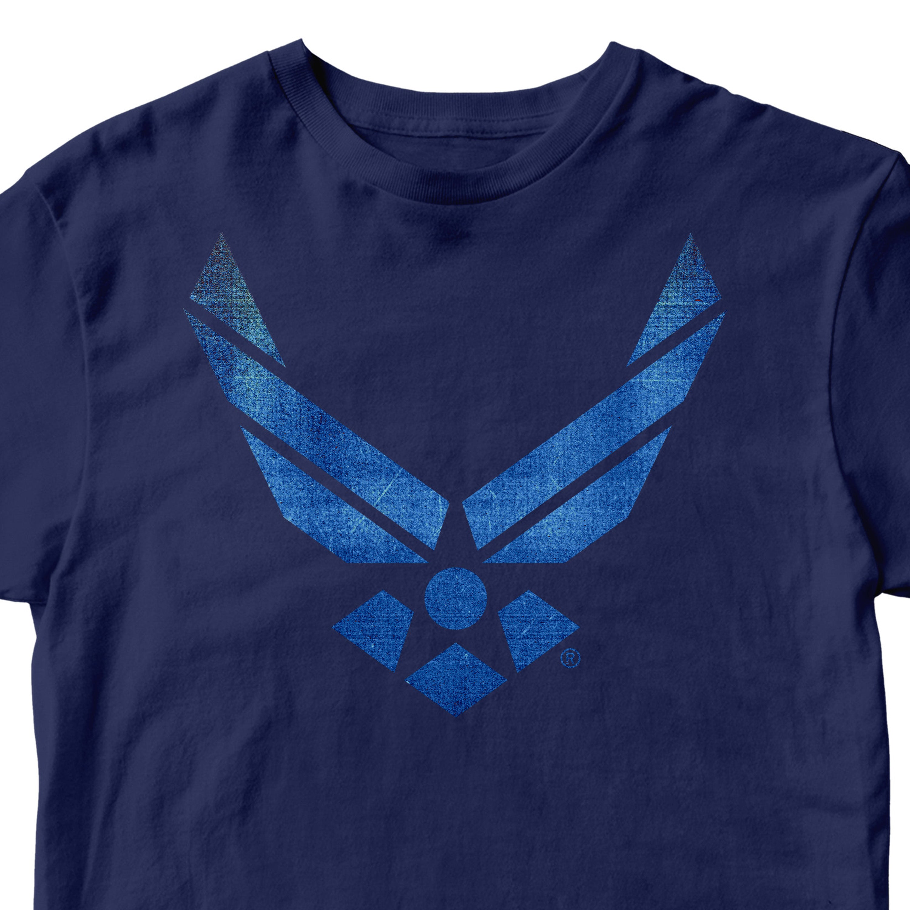 Navy blue Air Force t-shirt with vintage blue wings distressed blue Air Force logo tee. USAF apparel veteran gift military shirt
