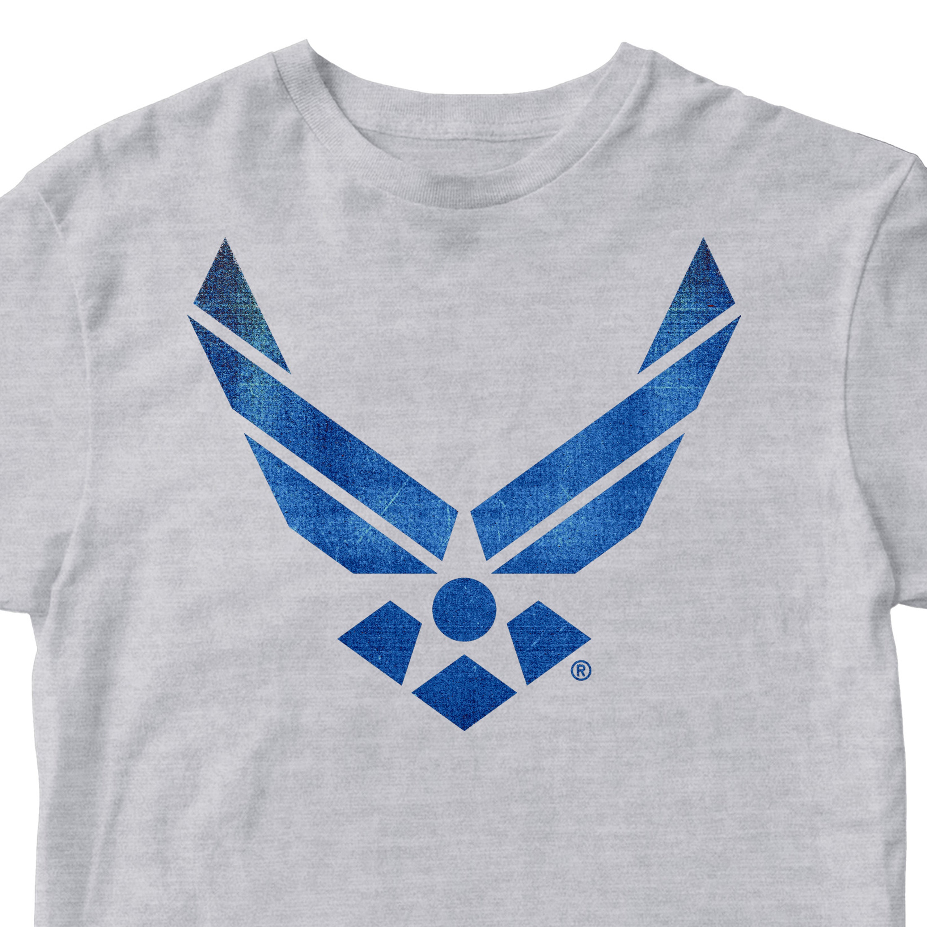 Gray Air Force t-shirt with vintage blue wings distressed blue Air Force logo tee. USAF apparel veteran gift military shirt