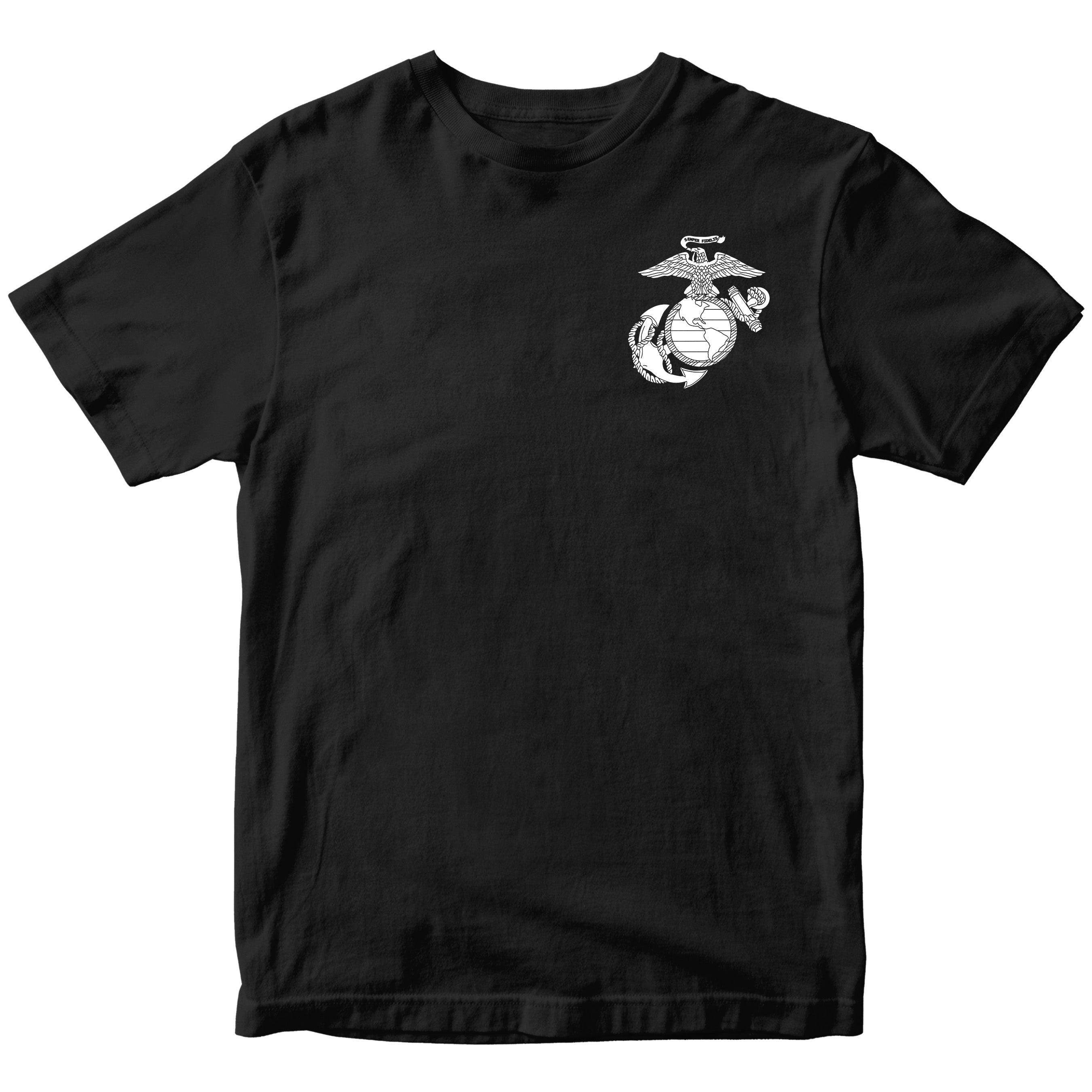 Marines vintage EGA chest seal T-shirt with Eagle Globe and Anchor cotton tee. Black USMC Tee