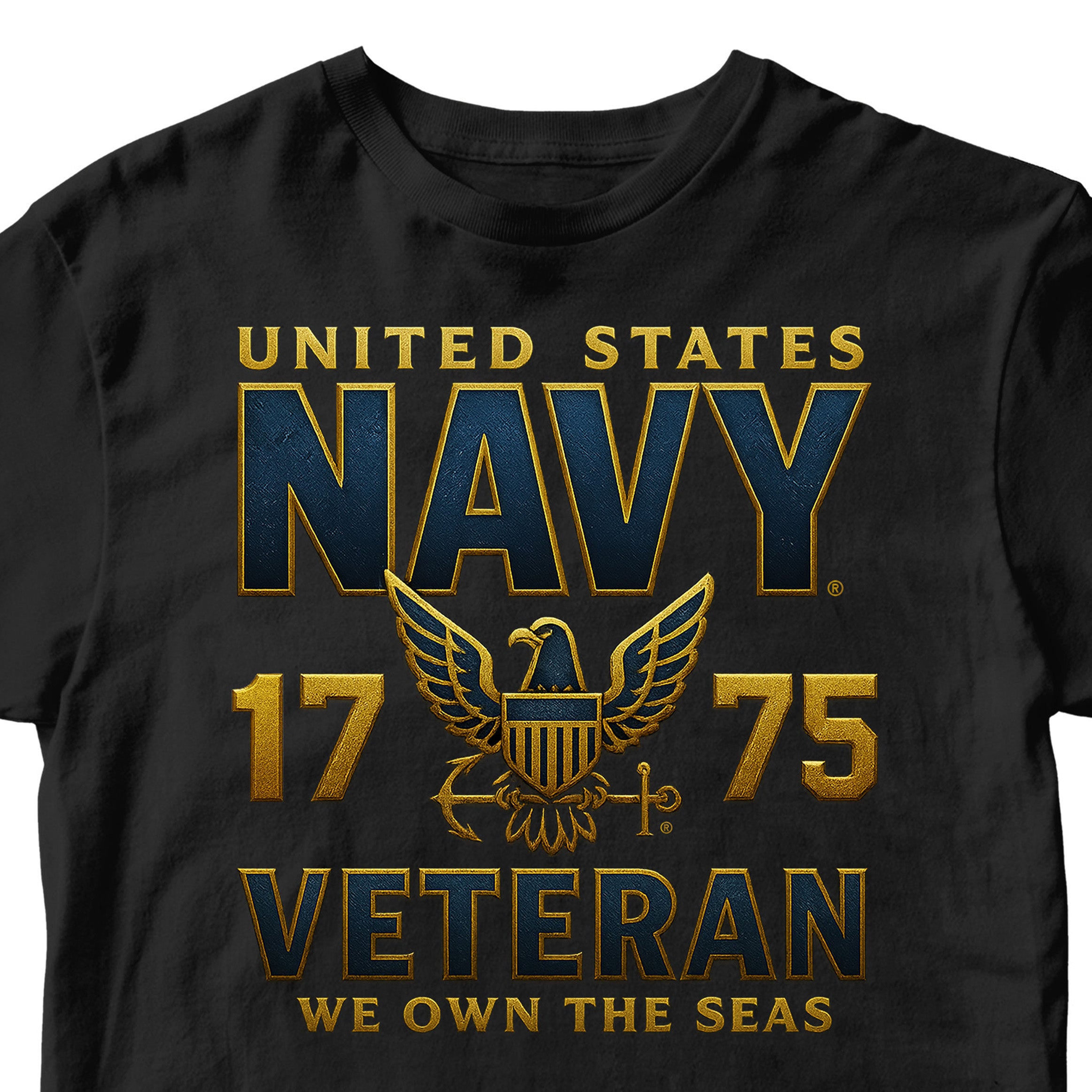 black Navy Veteran shirt with eagle emblem and We Own the Seas motto