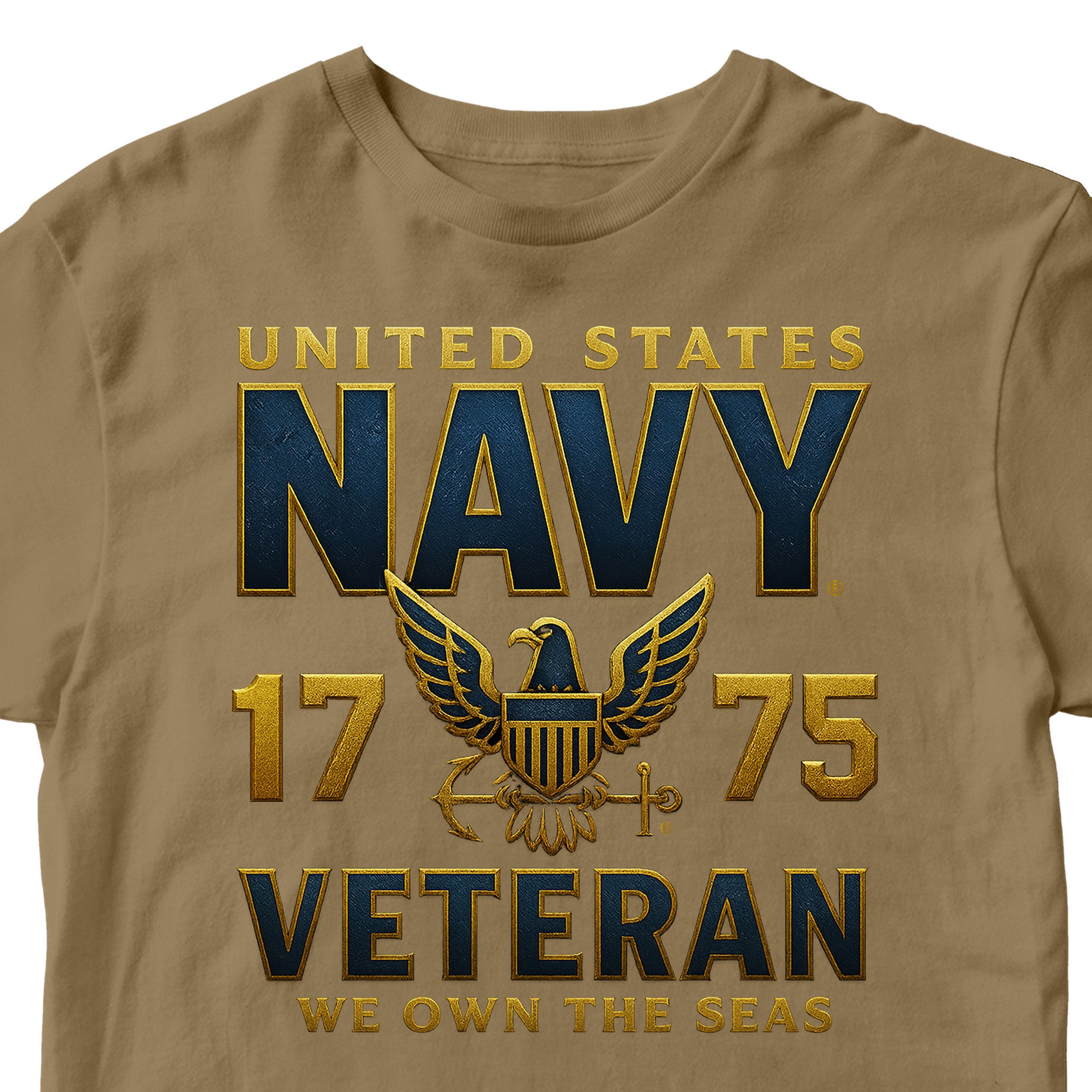Brown Navy Veteran shirt with eagle emblem and We Own the Seas motto
