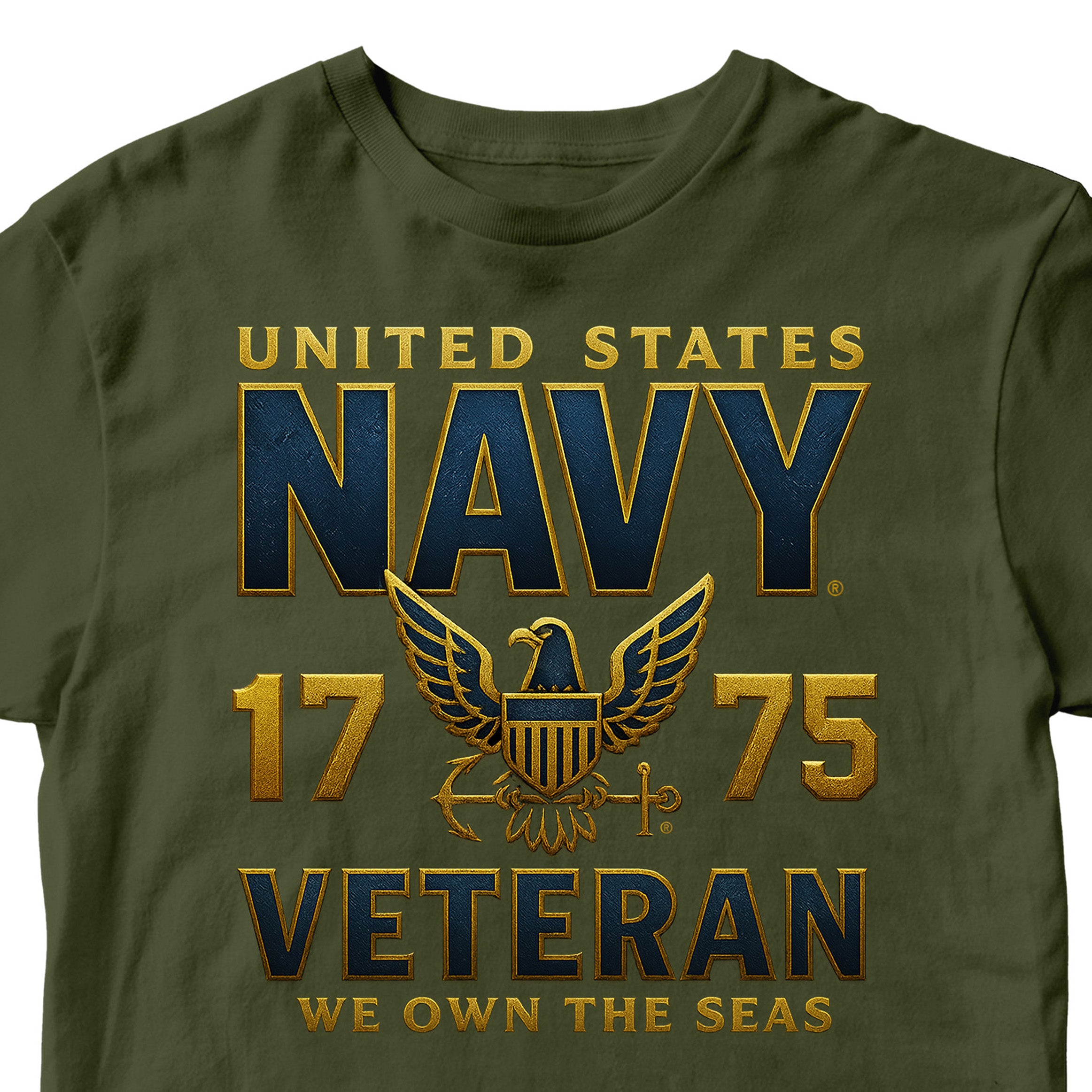 Green Navy Veteran shirt with eagle emblem and We Own the Seas motto