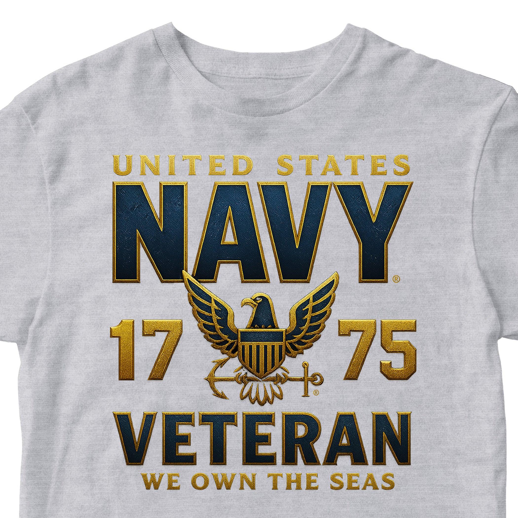 Gray Navy Veteran shirt with eagle emblem and We Own the Seas motto