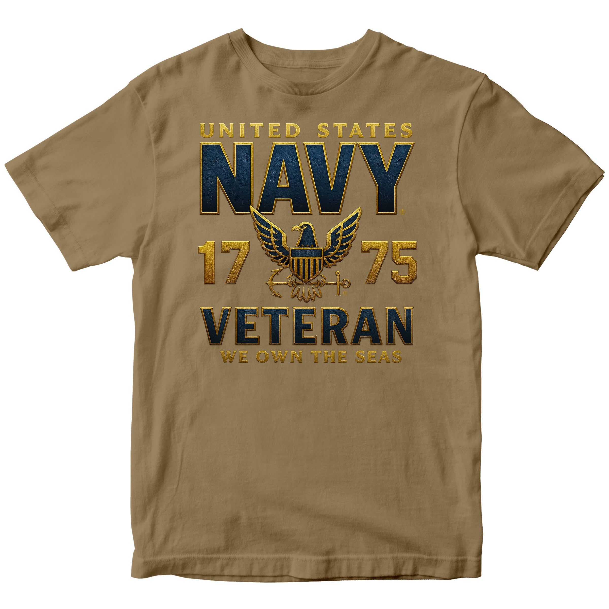 Brown Navy Veteran shirt with eagle emblem and We Own the Seas motto