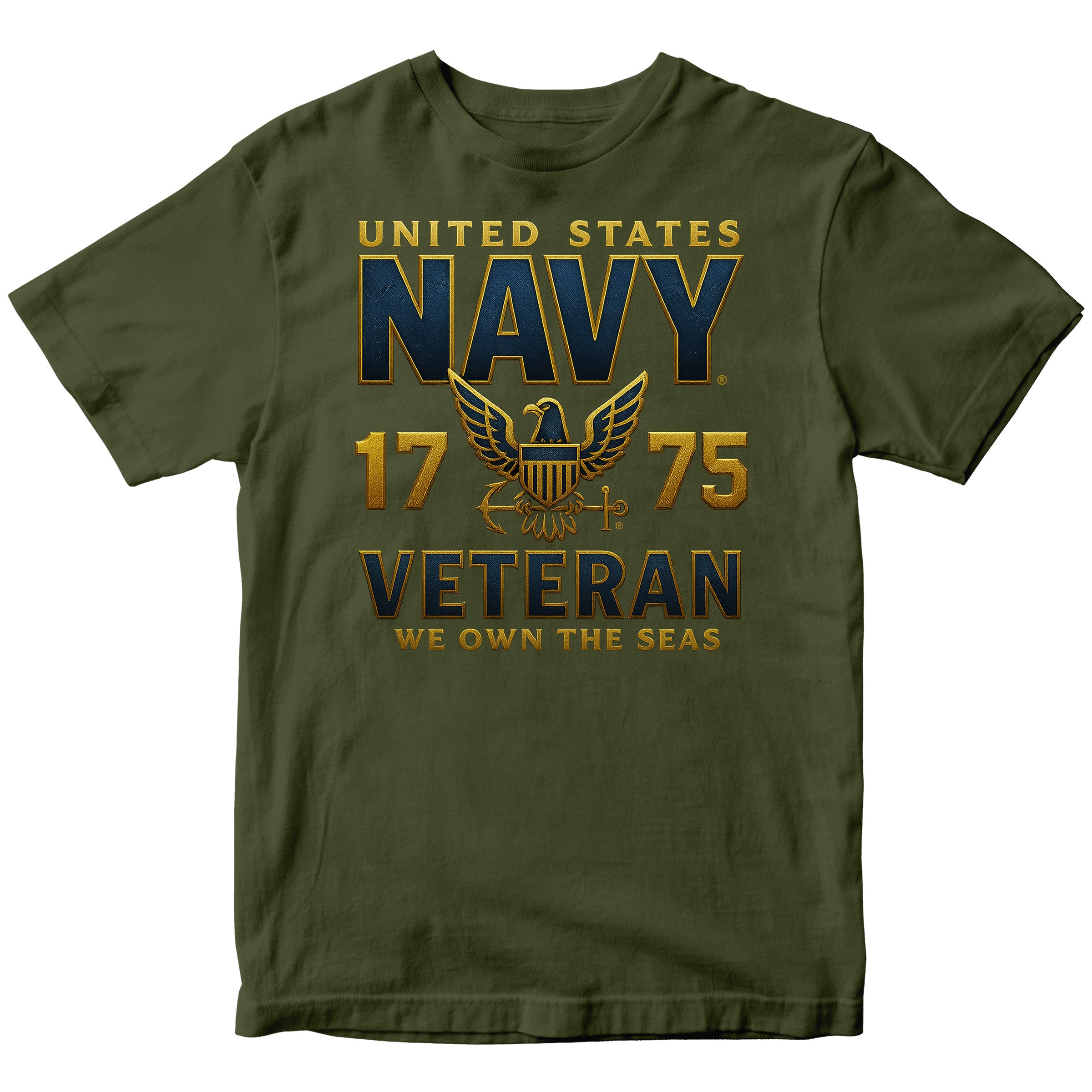 Green Navy Veteran shirt with eagle emblem and We Own the Seas motto