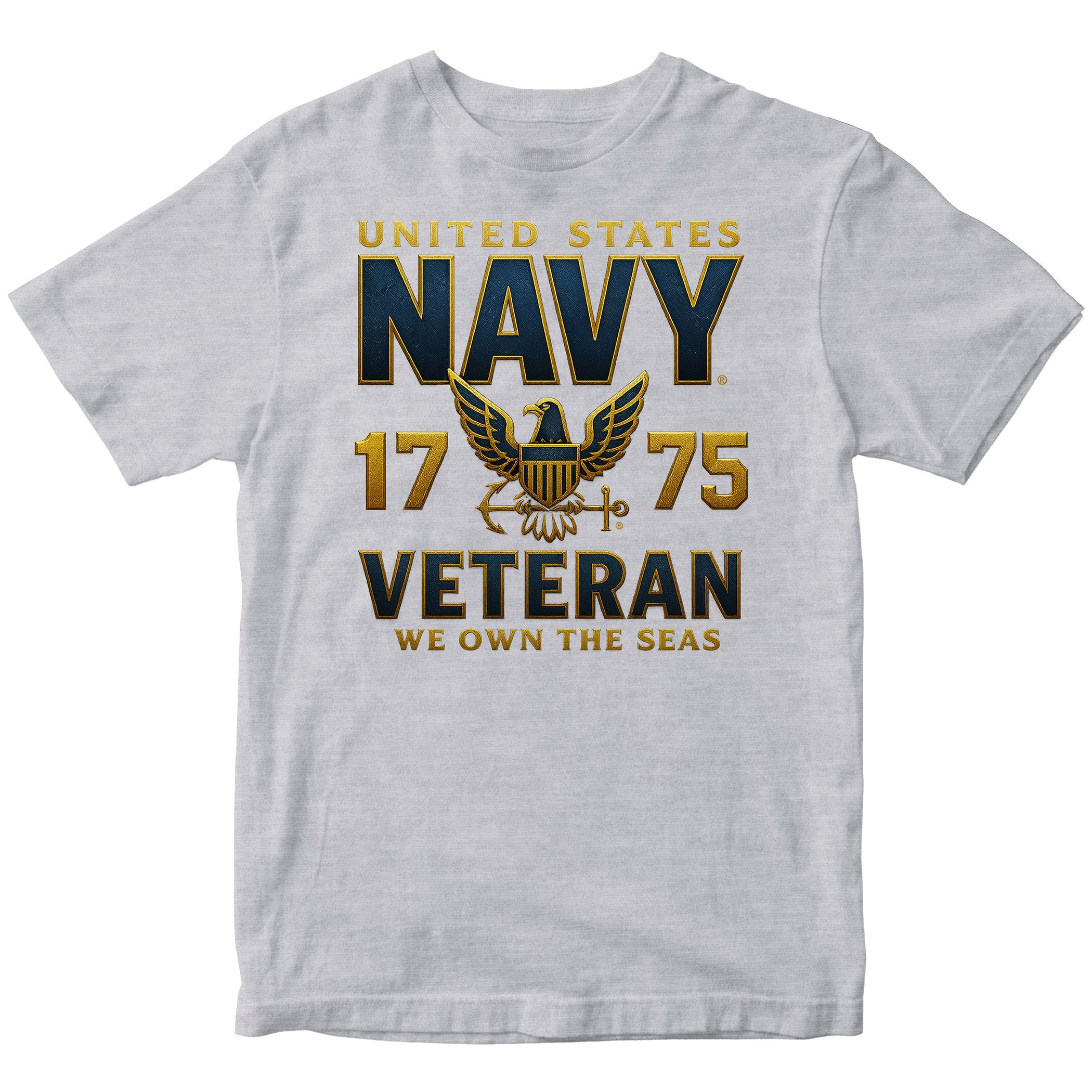 Gray Navy Veteran shirt with eagle emblem and We Own the Seas motto