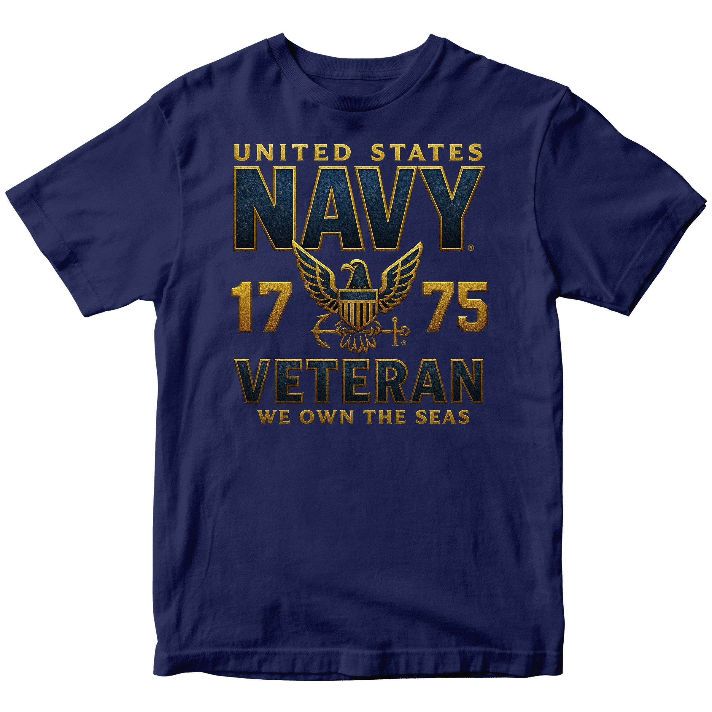 Navy Blue Navy Veteran shirt with eagle emblem and We Own the Seas motto