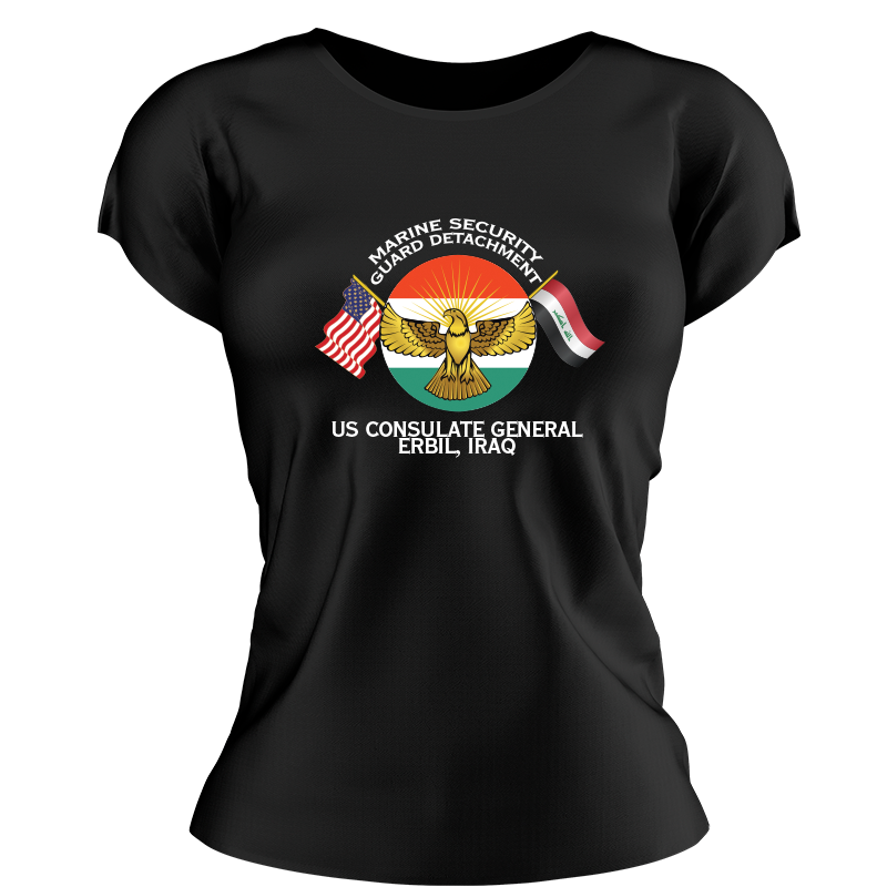 Marine Security Guard Detachment Erbil Iraq, MSG DET Erbil Iraq USMC ladie's T-Shirt, Marine Security Guard Detachment Erbil Iraq USMC logo, USMC gift ideas for women, Marine Corp gifts for women Marine Security Guard Detachment Erbil Iraq