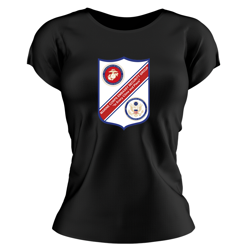 Marine Corps Embassy Security Group , MSG USMC ladie's T-Shirt, Marine Corps Embassy Security Group USMC Unit logo, USMC gift ideas for women, Marine Corp gifts for women Marine Corps Embassy Security Group