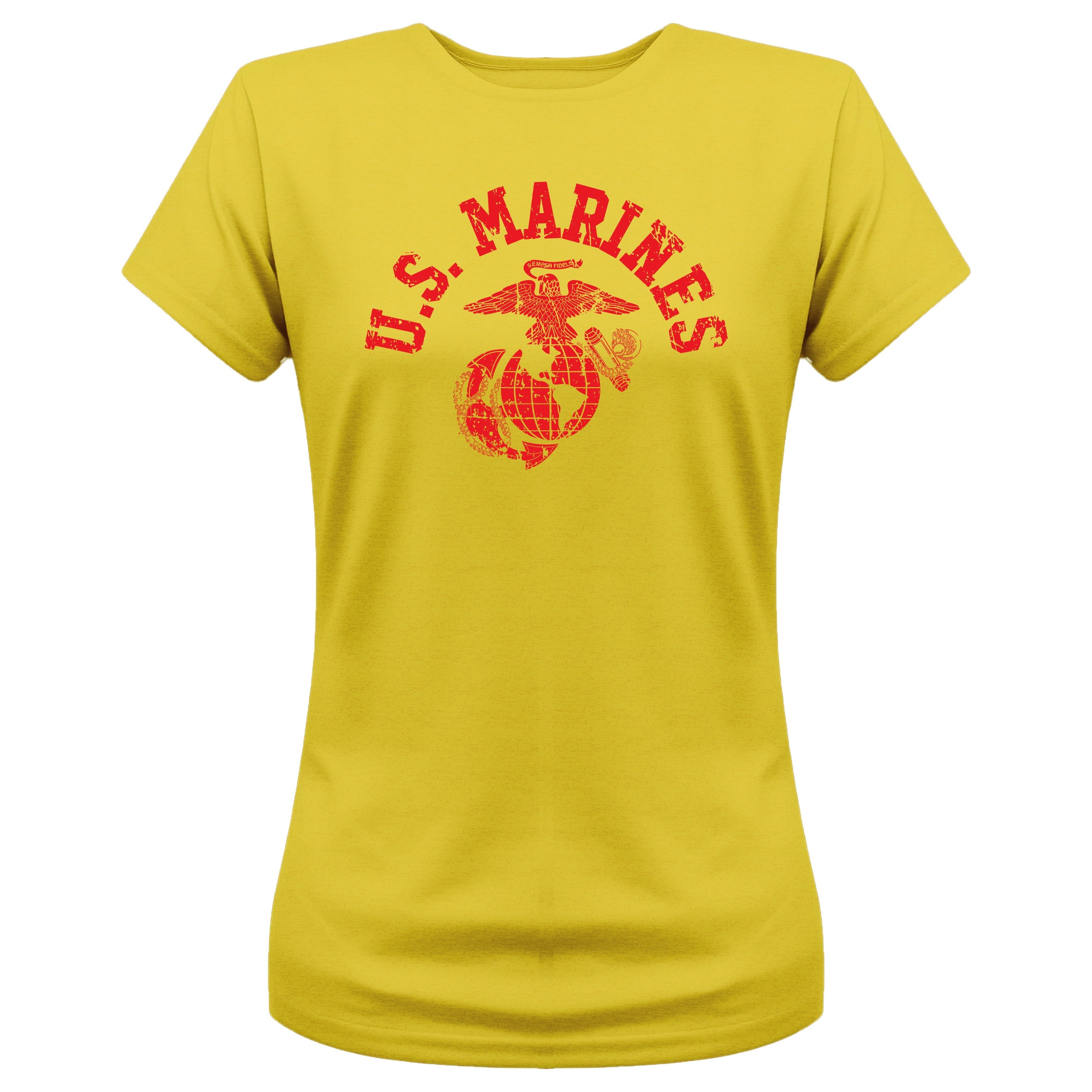 Women’s gold U.S. Marines t-shirt with bold red distressed 'U.S. MARINES' text and vintage Eagle, Globe, and Anchor emblem