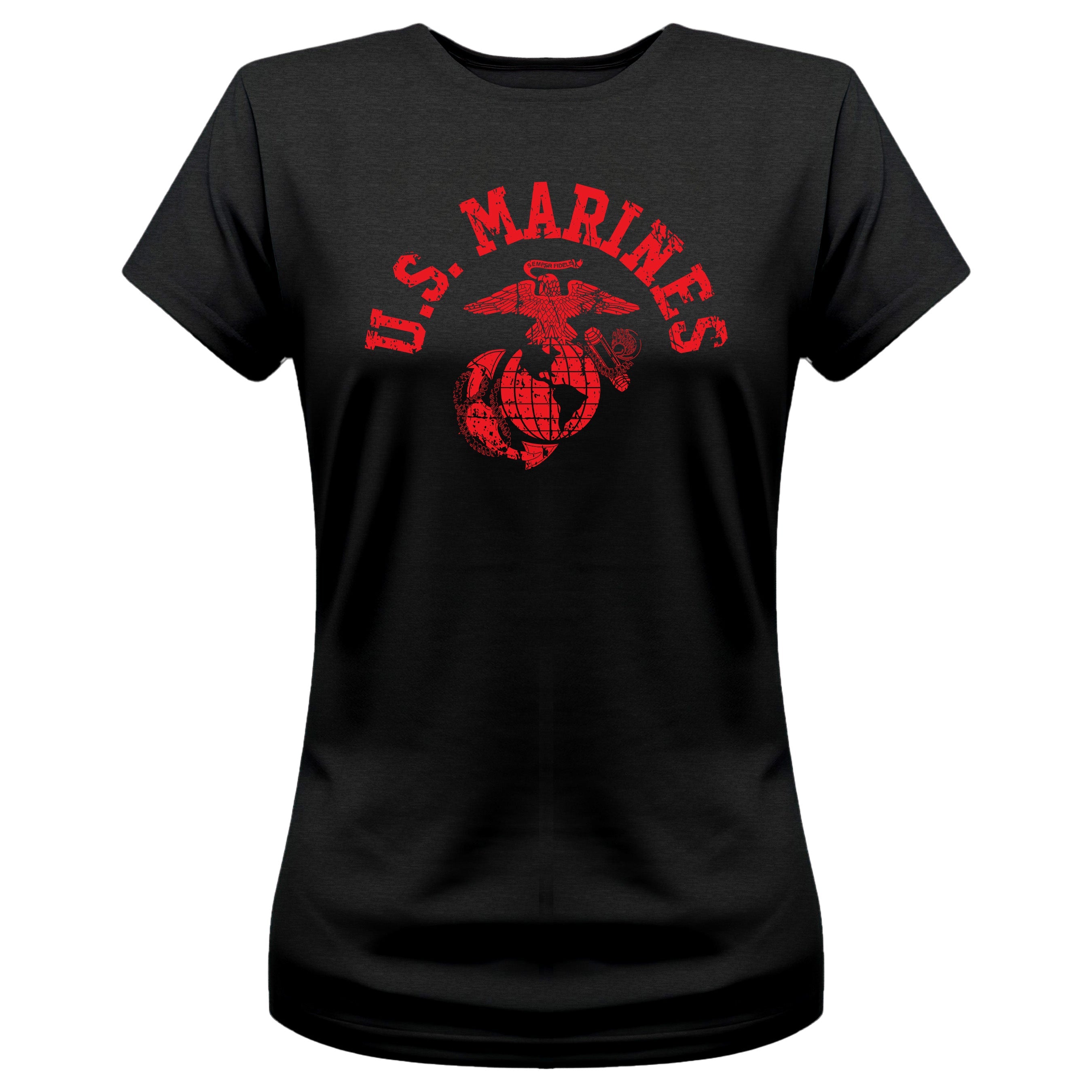 Women’s black U.S. Marines t-shirt with bold red distressed 'U.S. MARINES' text and vintage Eagle, Globe, and Anchor emblem