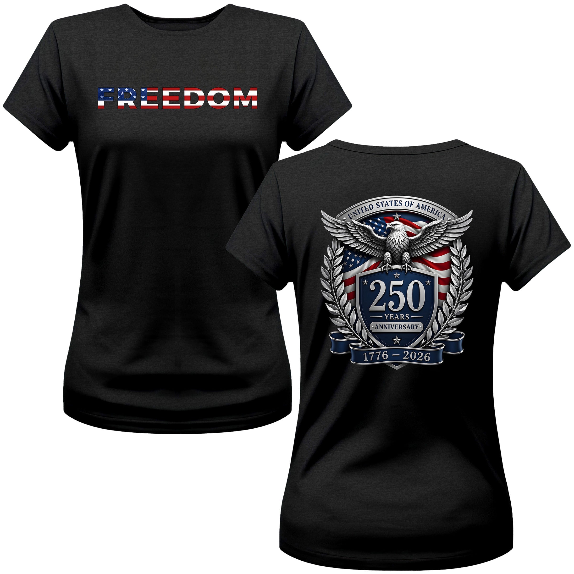 Women’s America 250th birthday patriotic T-shirt with eagle crest and American flag.