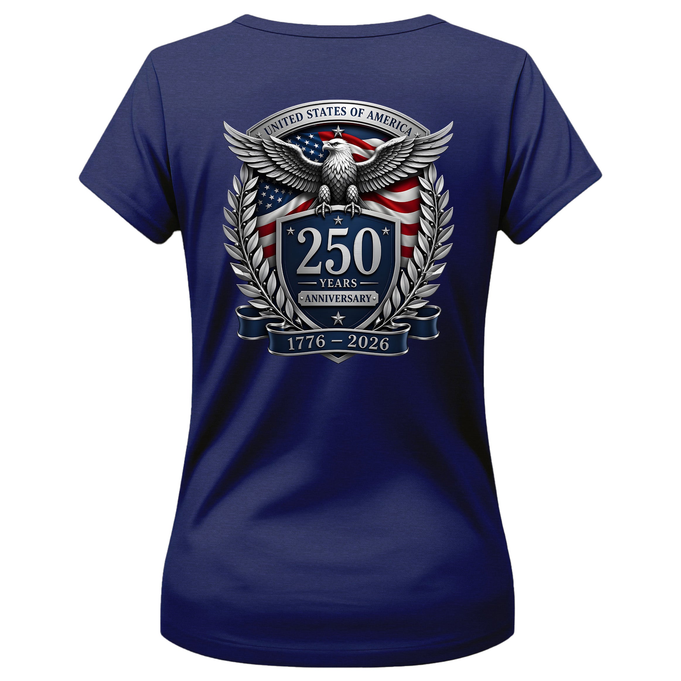 Women’s America 250th birthday patriotic T-shirt with eagle crest and American flag.
