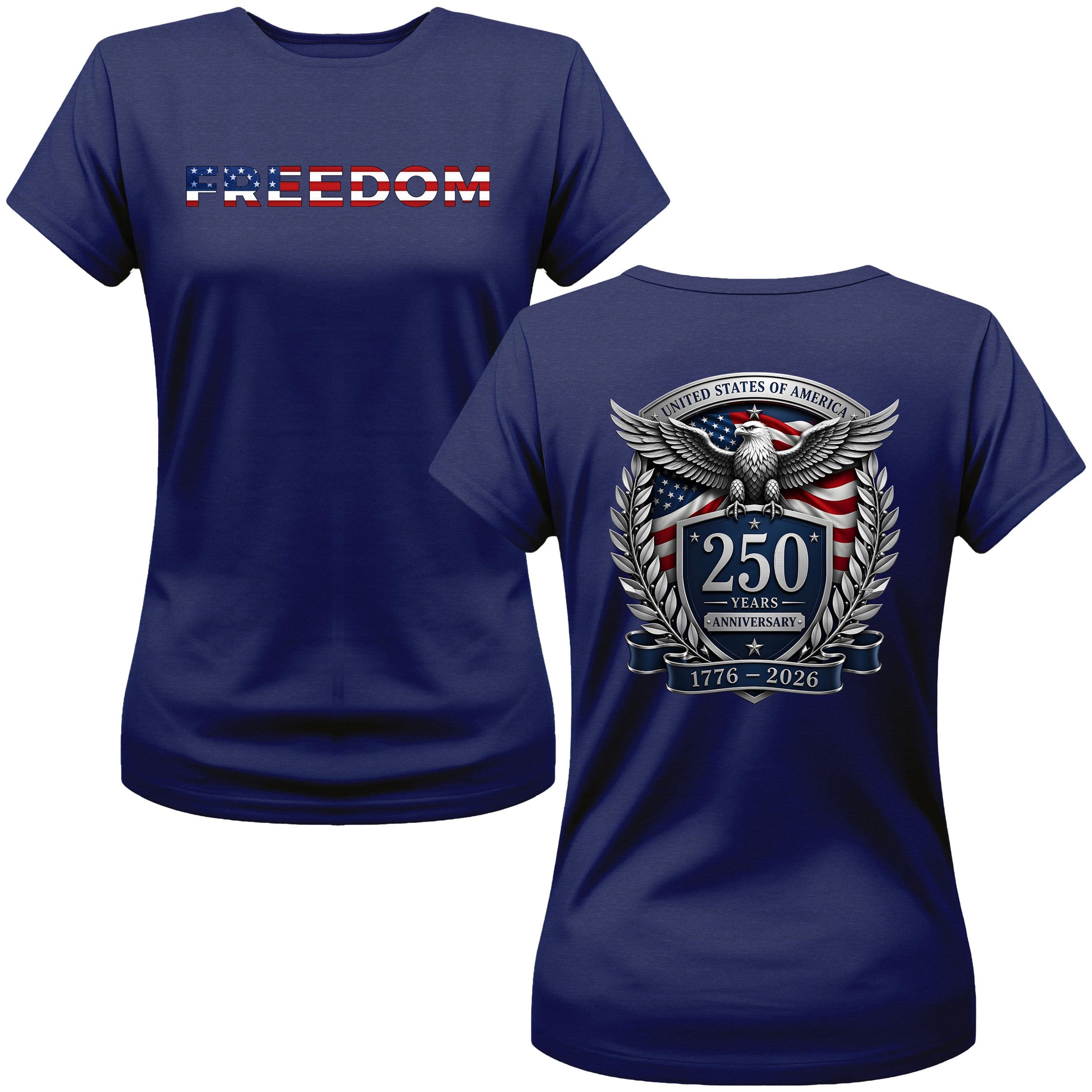 Women’s America 250th birthday patriotic T-shirt with eagle crest and American flag.