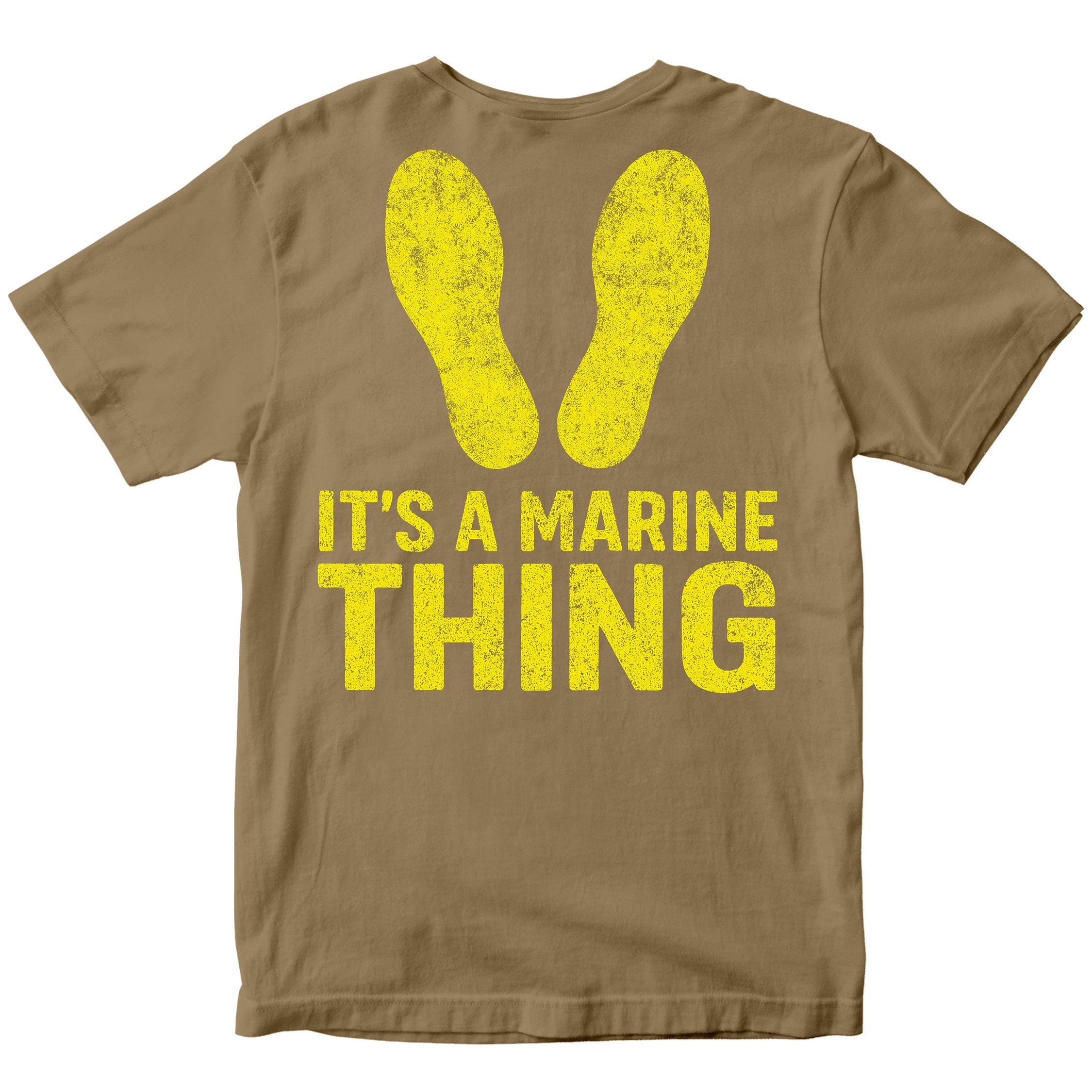 brown USMC t-shirt featuring large yellow boot camp footprints above bold text that reads “It’s a Marine Thing